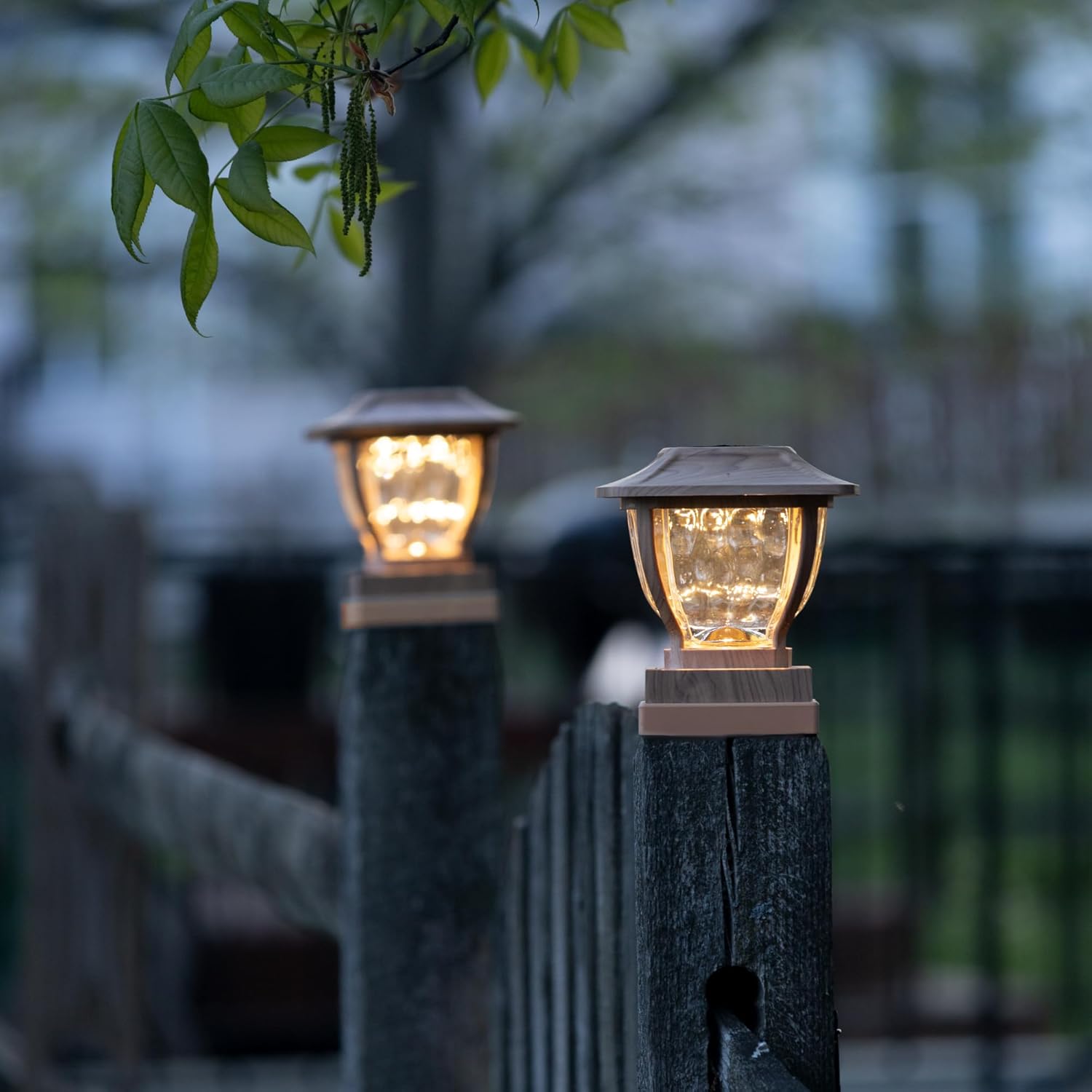 Maxsa 41881 Solar Wave Glass Post and Fence Cap Lights, Dusk-to-Dawn Solar-Powered Lighting, 3 Super Bright LEDs, 30 lumens of Warm-White Light, Fits 4x4, 5x5 & 6x6 Posts, Oak Wood Finish, 2-Pack