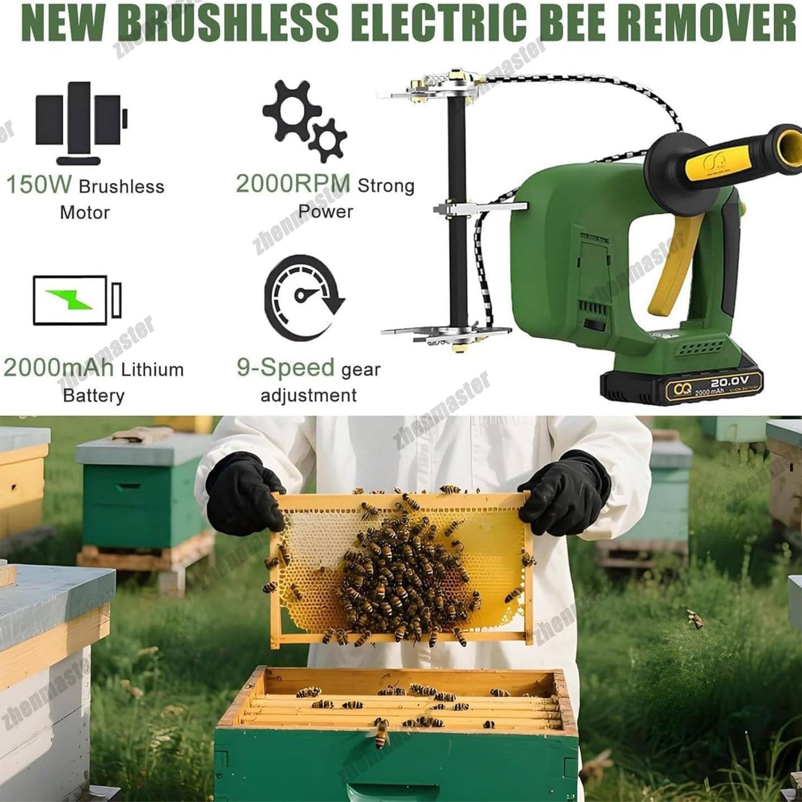 Attrezzatura per La Scuotitura Di Arnie, Elettrico Di Api, Scuotifavo Senza Fili a Doppia Impugnatura, 600-2000 Bpm, 9 Velocità, Morsetto Di Sicurezza per Telaini Da 25-30 Mm(Green,2*Battery)