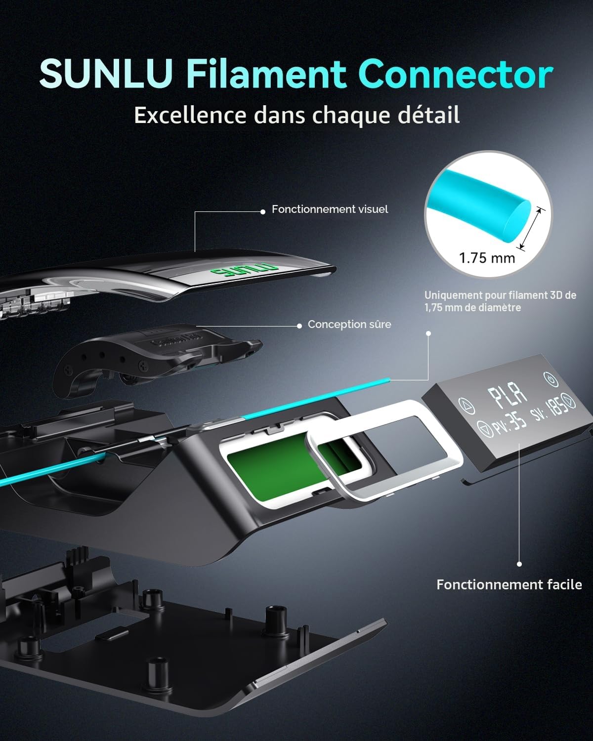 SUNLU Official Filament Connecteur avec 200 Tubes PTFE, Filament Connector pour Filament d'Imprimante 3D 1,75mm Jusqu'à 240 °C, Compatible avec PLA PETG TPU ABS PA Nylon, Facile à Utiliser