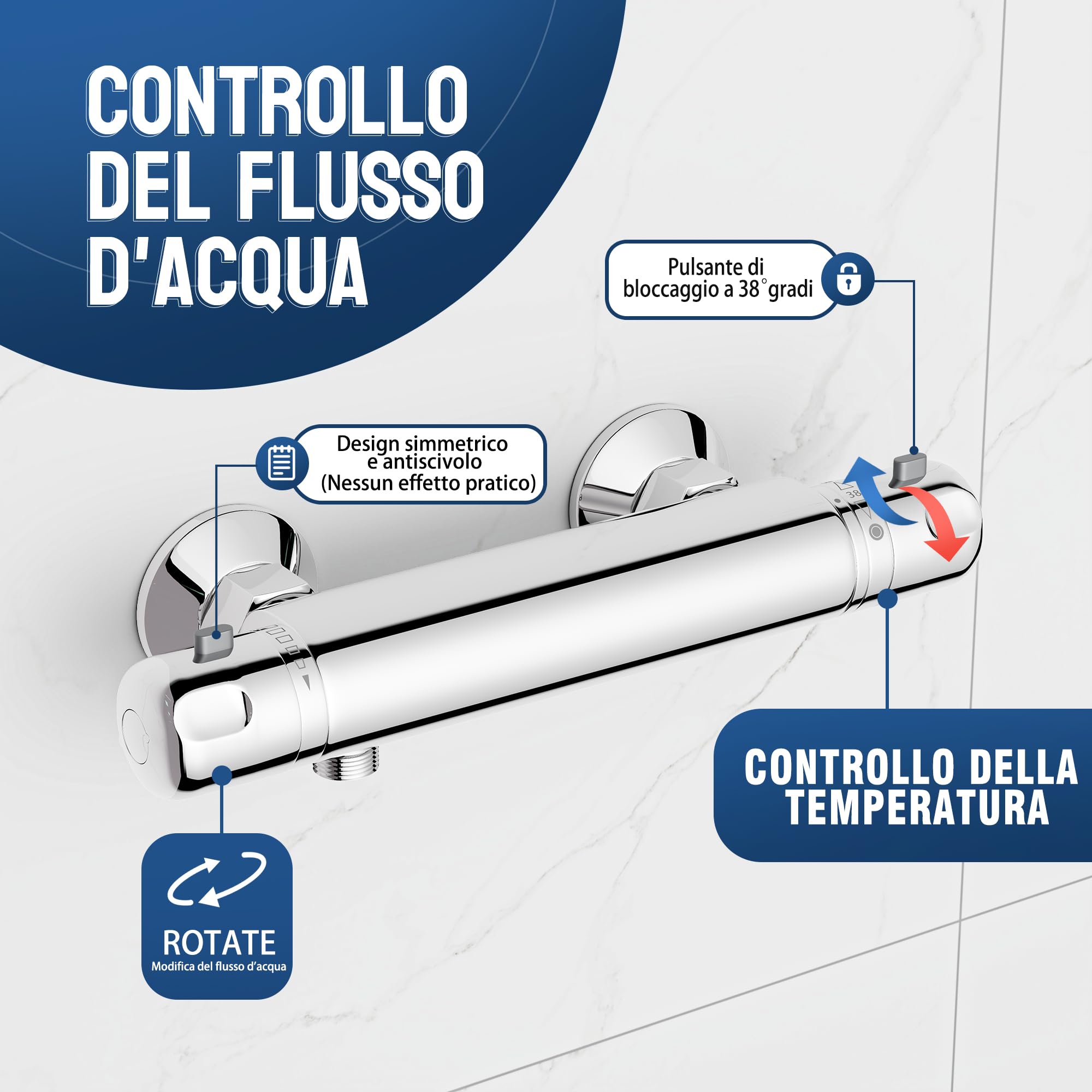MORADO Misceletore Doccia Termostatico,Rubinetto Doccia Termostatico,blocco di sicurezza a 38°,Cromo