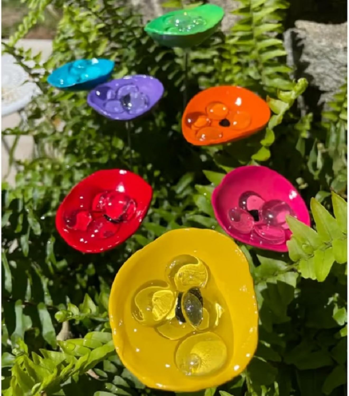 Bee Watering Station with 4 Glass Marbles, Metal Bee Water Feeder with Flower Design, Colorful Butterfly Bee Bath Bowl for Outdoor Garden Yard Decor