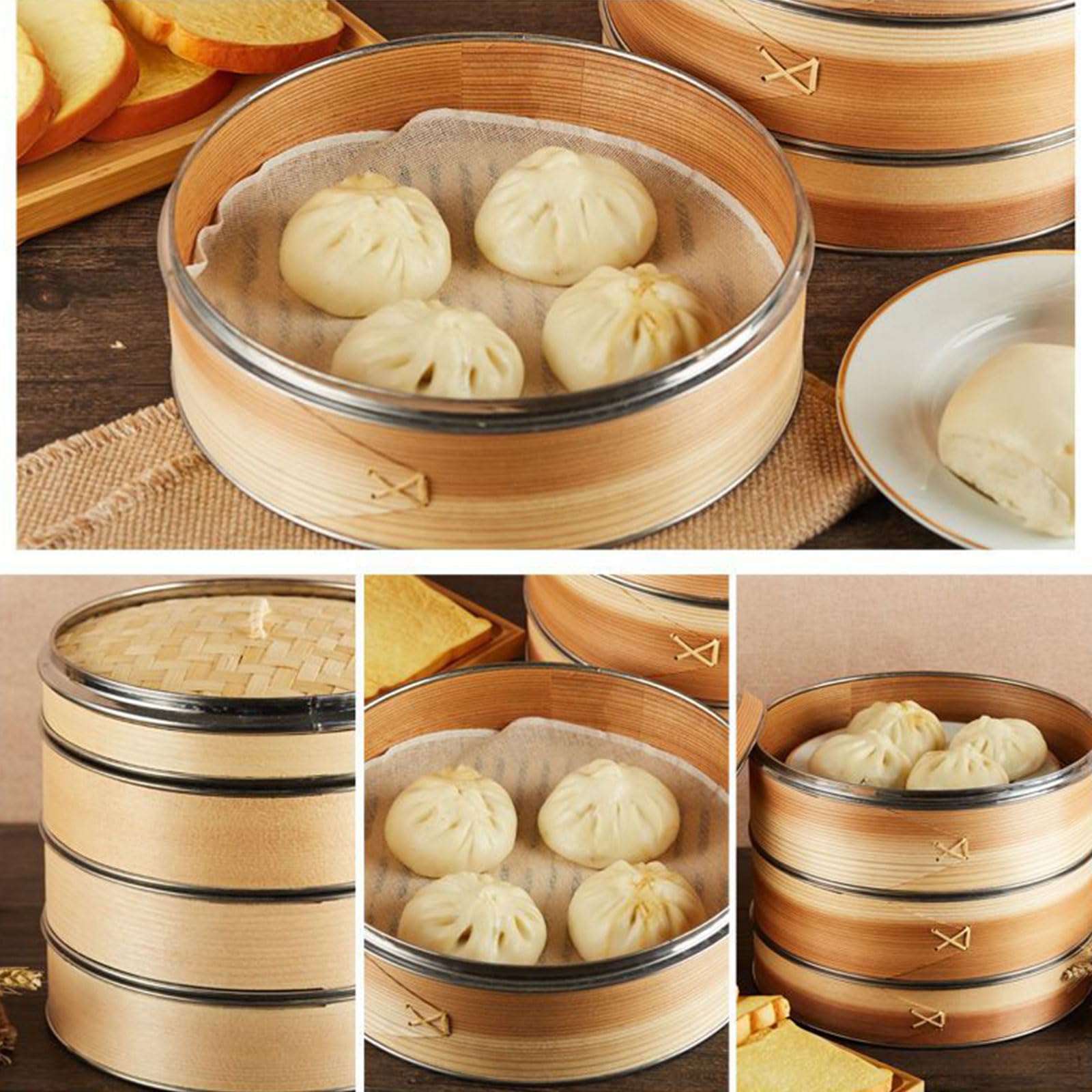 Bambusowy kosz do gotowania na parze z pokrywką, 3-poziomowa konstrukcja do gotowania dim sum, mięsa i warzyw