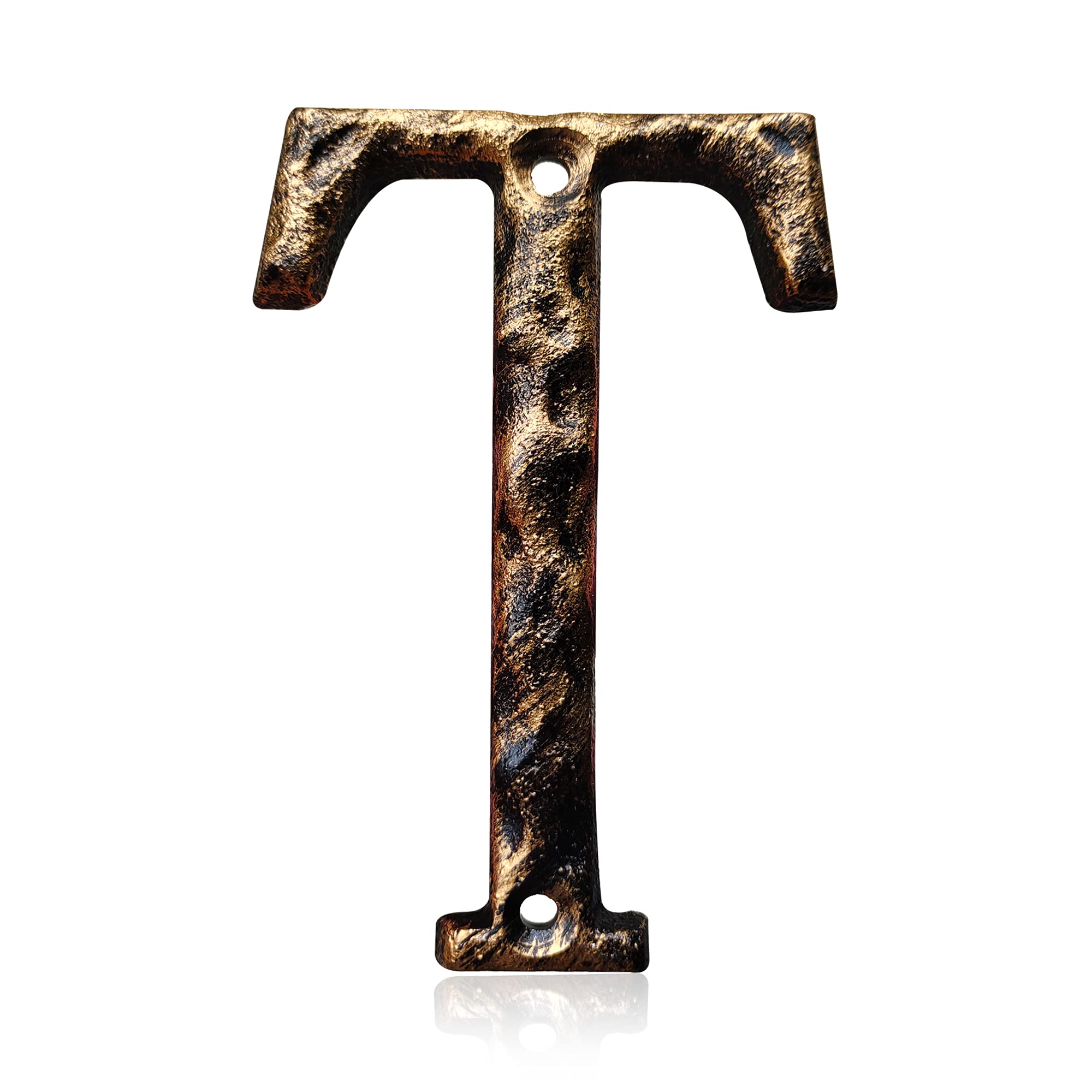 5.5 Inch House Numbers & Letters, Highly Visible Cast Iron Metal Home Address Number for Street Office Mailbox, Antique Brass (Letter T)