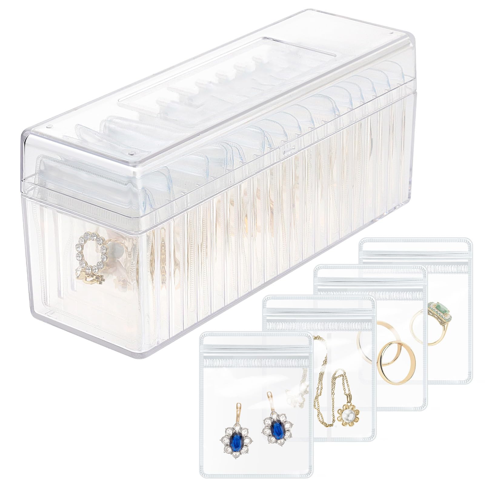 KASTWAVE Acrylic Jewelry Box Organizer, Clear Jewelry Holder with 20 Portable Anti-Tarnish Bags, Travel Jewelry Case for Earrings, Rings, Necklaces, Ideal for Women and Girls, Durable and Stylish