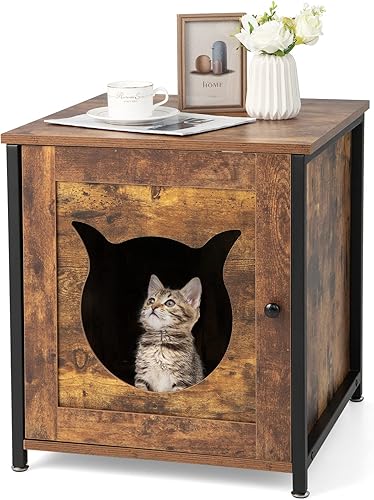 PETSITE Caja de arena, gabinete de baño para gatos con marco de metal, mesa auxiliar cerrada para gatos, mesita de noche, caja de arena oculta,