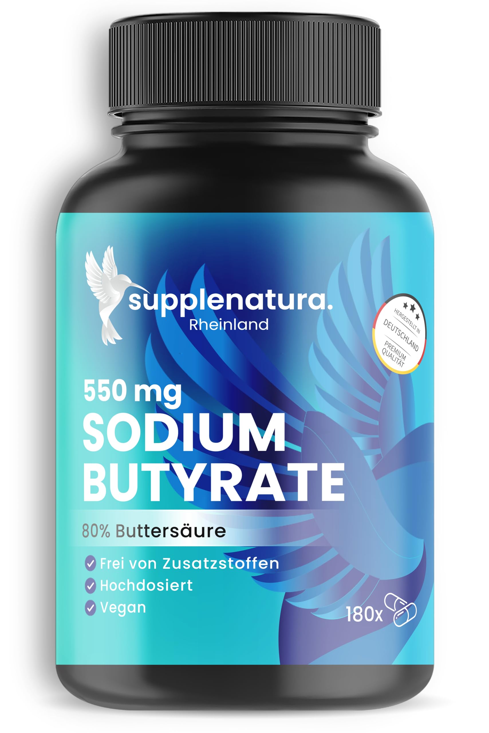 Butyrate Kapseln (180 Kapseln) PREMIUM: 550mg je Kapsel mit 80% Buttersäure | Sodium Butyrate Kapseln - Deutsche Herstellung - SUPPLENATURA®