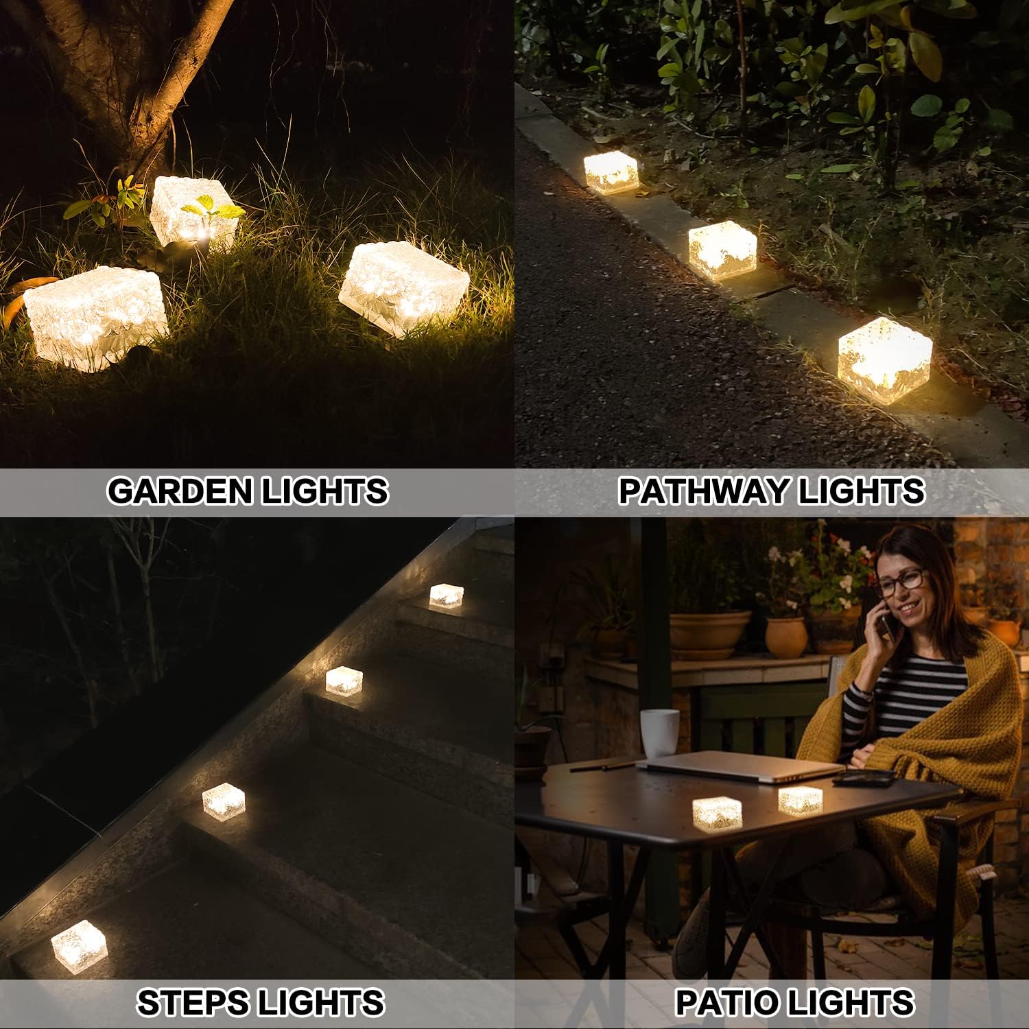 Four images showing solar brick lights used in different outdoor settings: garden, pathway, steps, and patio.