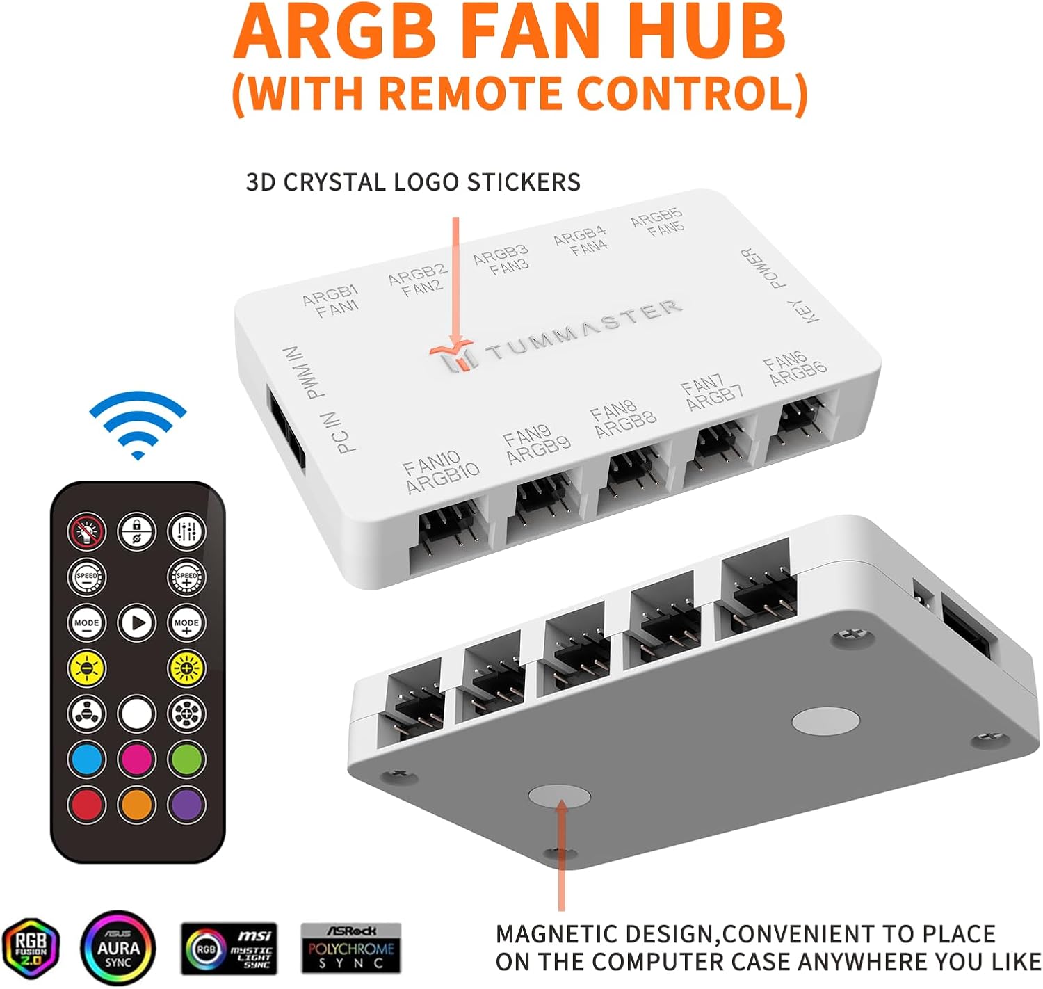TUMMASTER J-10 ARGB Fan Hub showing magnetic design