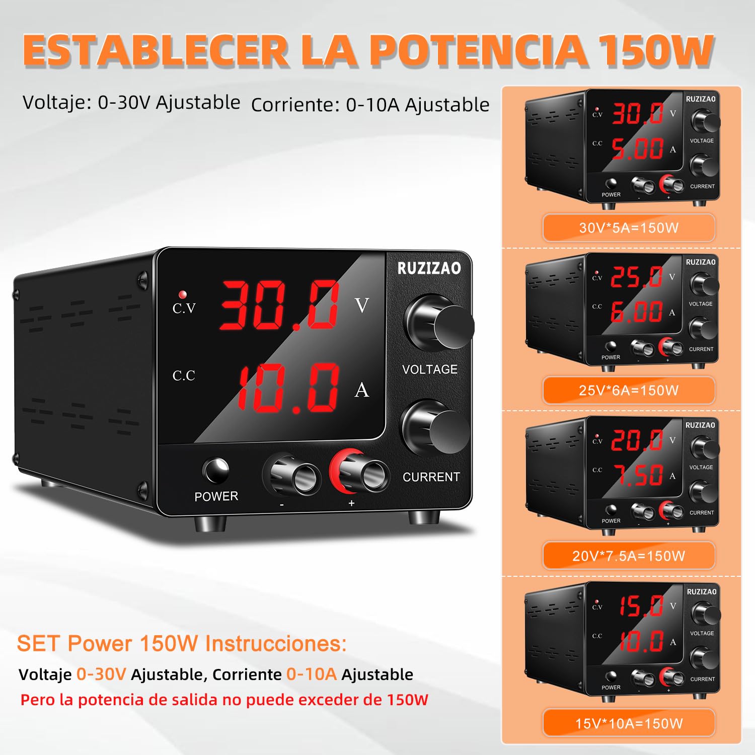 Fuente de Alimentación Regulables 0~30V 0~10A Potencia Constante 150W, Pantalla de 3 Dígitos de Alta Precisión Corriente y Voltaje Ajustables Fuente de Alimentación 15V10A 30V 5A