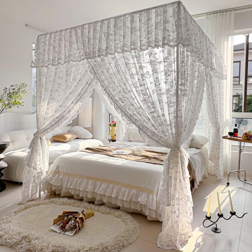 Elegant Lace Princess 4 Corner Post Mosquito Net Romantic Flowers for Girls Women Full/Queen Size Bed Curtain Canopy for Wedding Bedroom Kids Rooms Decoration (White, King)