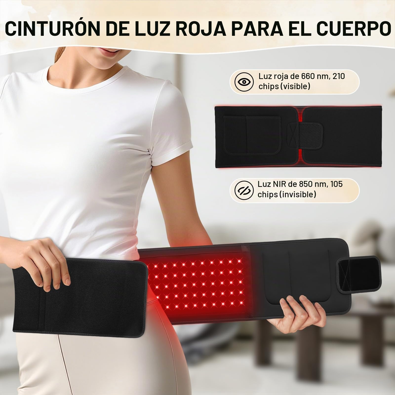 Cinturón lámpara de luz roja 105 LED, 660 nm y 850 nm infrarrojo, 3 modos, temporizador 10/20/30 min, 5 niveles de brillo, cinturón luminoso para espalda, hombros y articulaciones