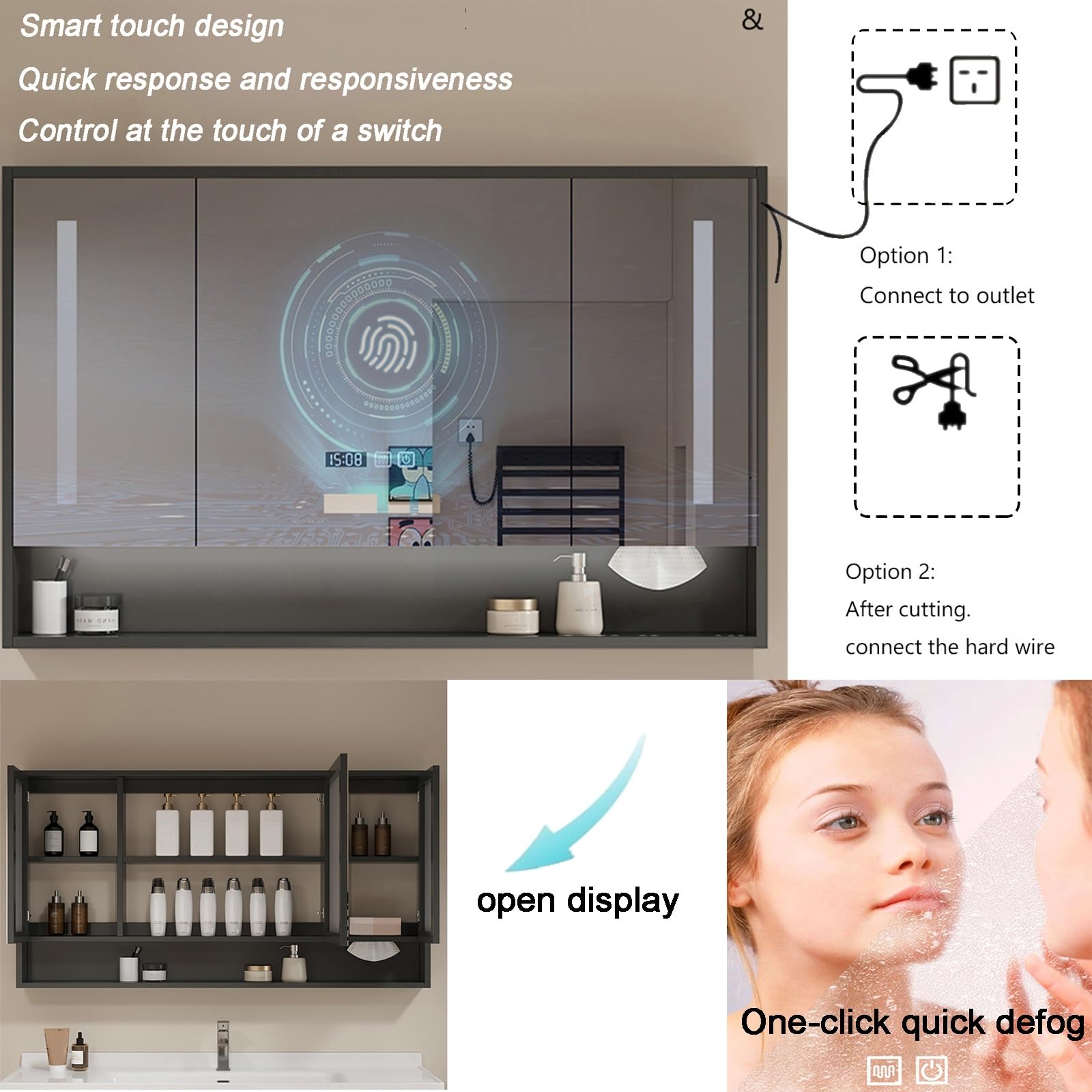 Specchio contenitore bagno，Smart mobile specchio bagno con LED luce，Armadietto da bagno sospeso，Armadietto a Specchio Antiappannamento，modalità a 3 colori，dimmerabile(A,W60*H70cm/W23.6*H27.6in)