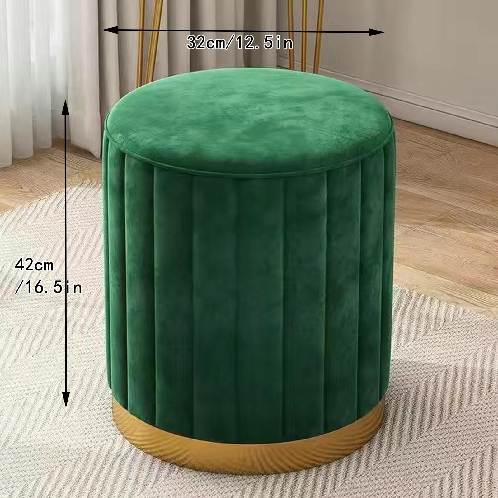 Pouf rotondo in velluto con base dorata per soggiorno e camera da letto, verde scuro, 33 x 41,9 cm, elegante sgabello per arredamento moderno e salvaspazio