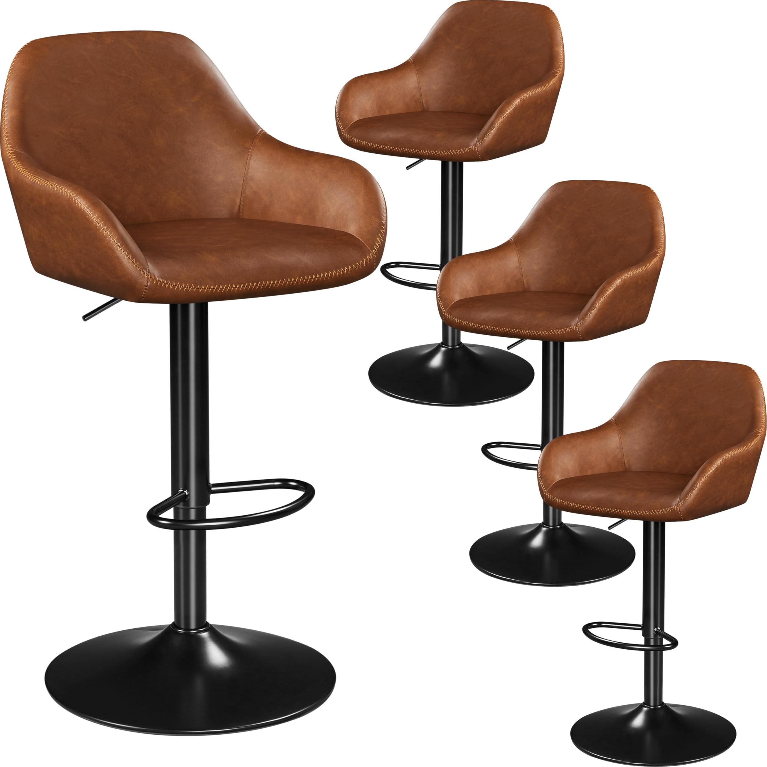 Yaheetech Bar Stools Set of 4, PU Leather Swivel Counter Height Barstools, Adjustable Bar Chairs with Backrest and Footrest, Kitchen Island Stool for