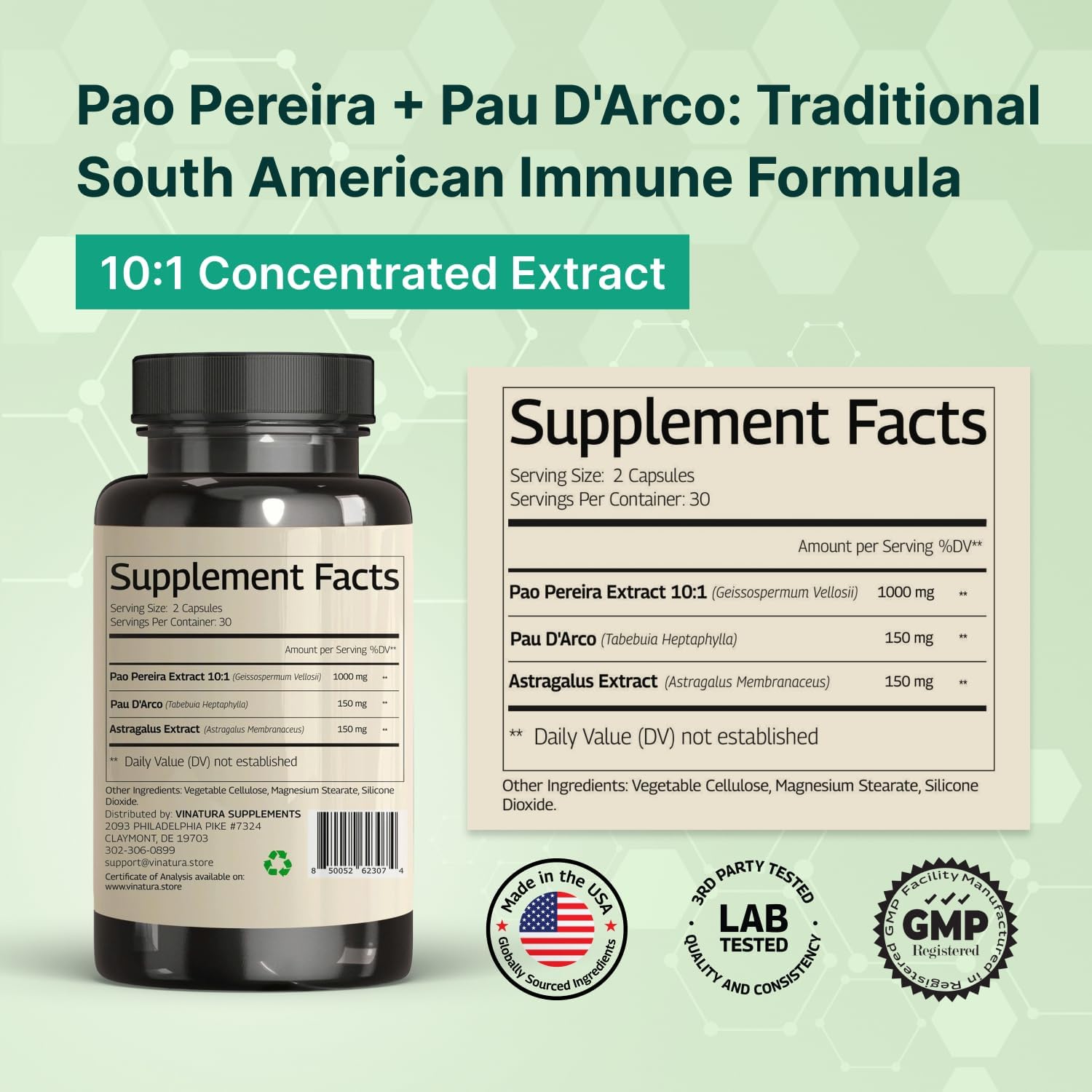 VINATURA Pao Pereira + PAU D'Arco, Astragalus - 1300MG Serving, USA Made & Tested, Stem Cells and Immune Support, 60 Capsules - Image 2