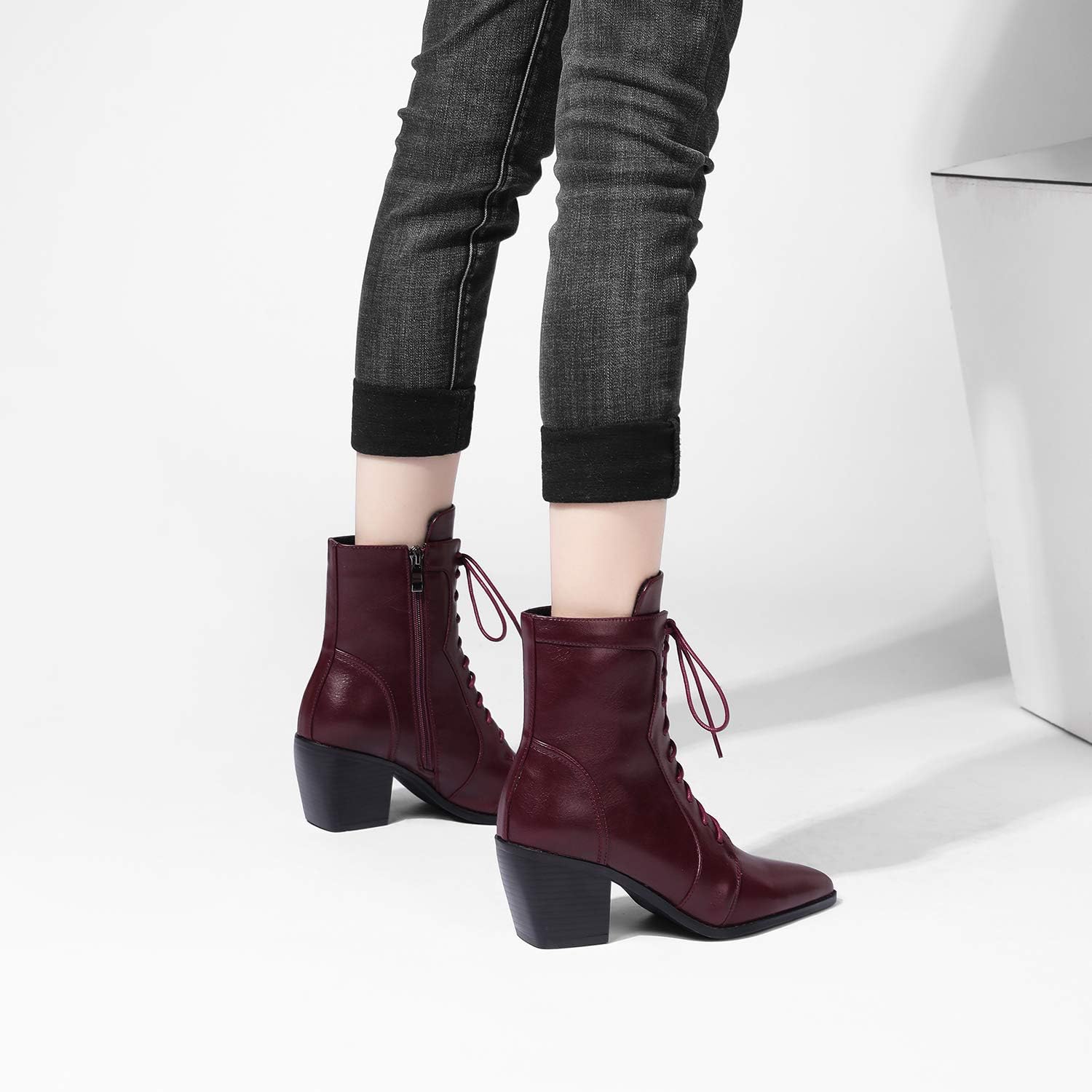 LEHOOR Women Stacked Block Heel Pointed Toe Ankle Boots Lace Up with Side Zipper Chelsea Booties Matte Leather Chunky Heel Short Dress Boots 4-11 M US