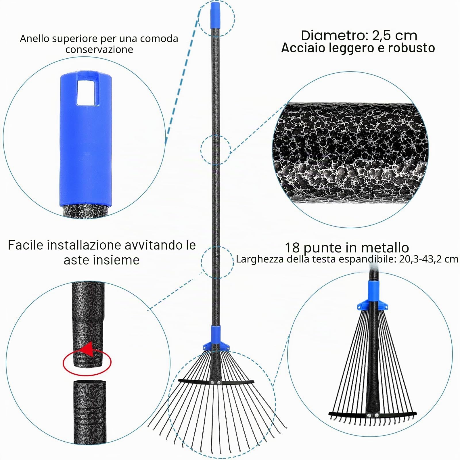 Rastrello da Giardino in Metallo, Rastrello per Foglie e Prato con Manico in Metallo 115 cm, Attrezzo Ideale per Pulizia di Cortile, Giardino e Piante