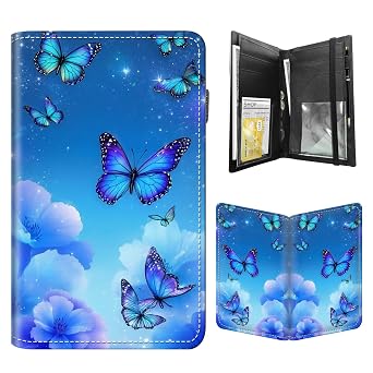 Leather Server Book for Waitress, Cute Server Book with Zipper Money Pocket,Check Presenters Waitstaff Organizer Fit Apron, Blue Butterfly Serving Book, Waiter Books for Servers