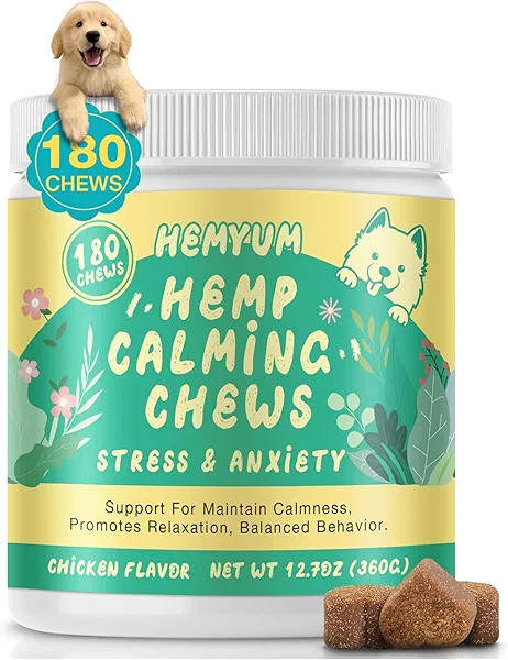 Hemyum Hemp Calming Chews for Dogs, Anxiety Relief, Sleep Calming Aid, Health & Wellness Supplements for Dog Separation Barking, Chicken Flavor, 180 Chews for All Breeds Ages