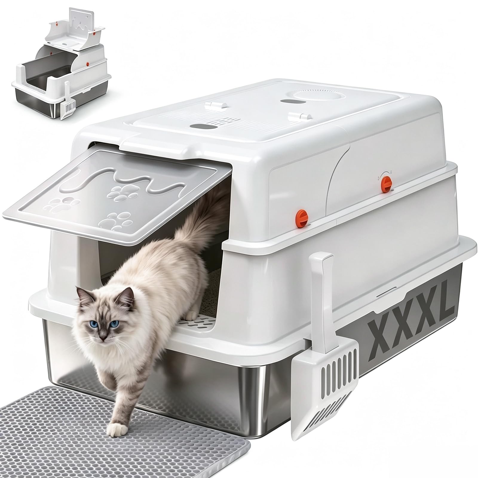 XXXL Katzenklo Edelstahl mit Deckel, 71×51×43cm Katzentoilette Edelstahl Extragroßes für große Katzen und Mehrkatzenhaushalte, inklusive Schaufel und Matte, Auslaufsicher, Leicht zu Reinigen