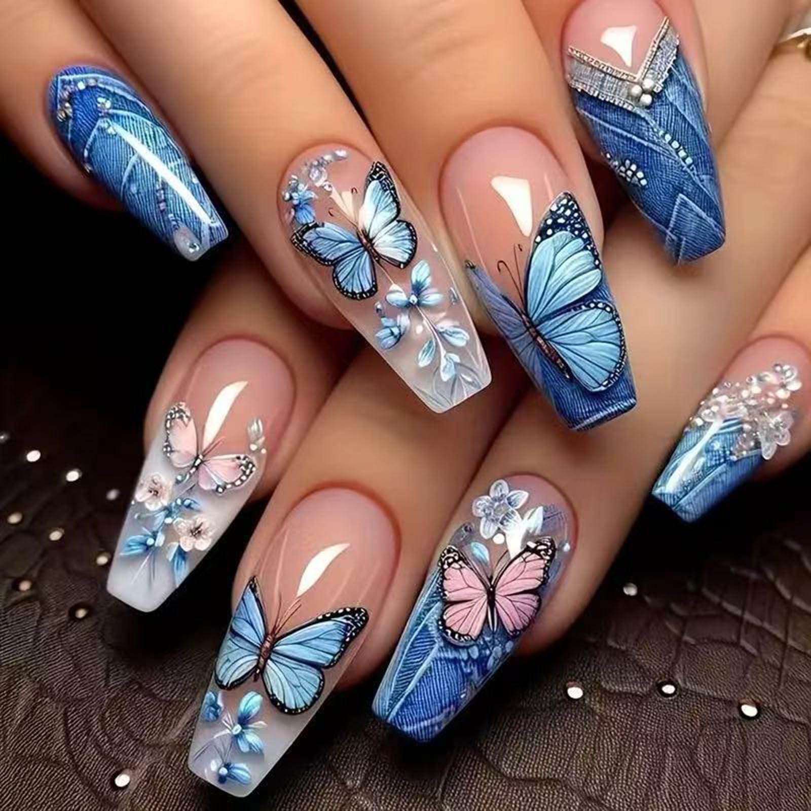 Butterfly Press on Nails Long Coffin Fake Nails Gradient White Nail Tips False Nails with Pink Blue Butterflies Flowers Design Glossy Spring Summer