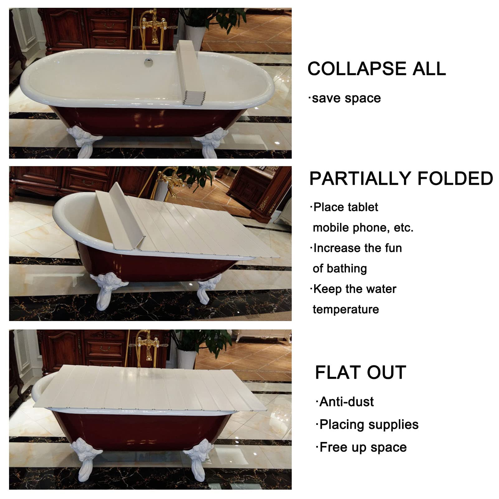 Copertura Vasca da Bagno, Vassoio Antipolvere Pieghevole Impermeabile Coperchio Pannello, Allungabile Isolante PVC Copertura per Vino Libro (70x170x0.7cm, Whit-e)