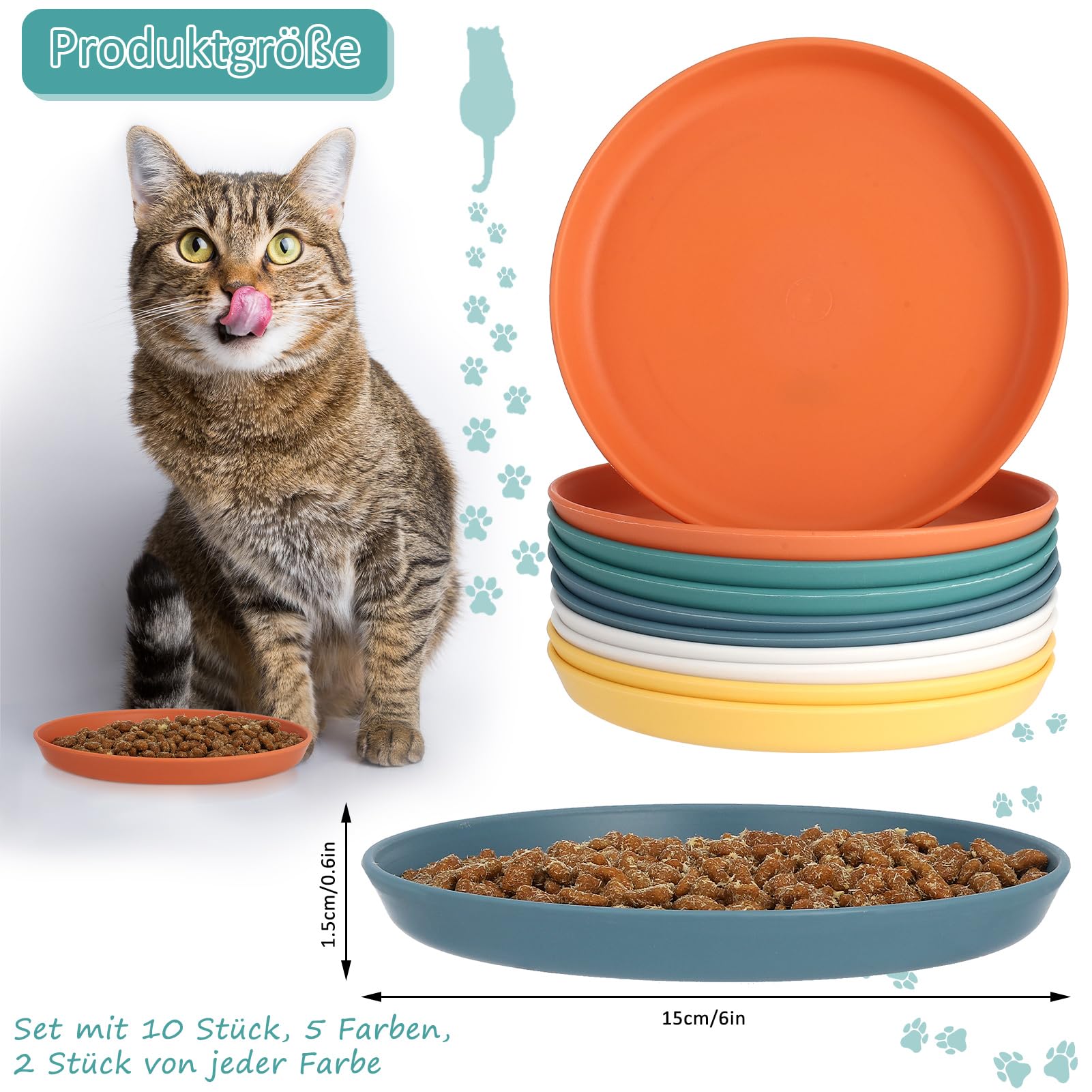 Set 10 Ciotole Piatte Per Gatti In PP – Colori Vivaci, Antiscivolo, Lavabili, Con Scatola Di Immagazzinaggio, Per Gattini E Zampe Corte