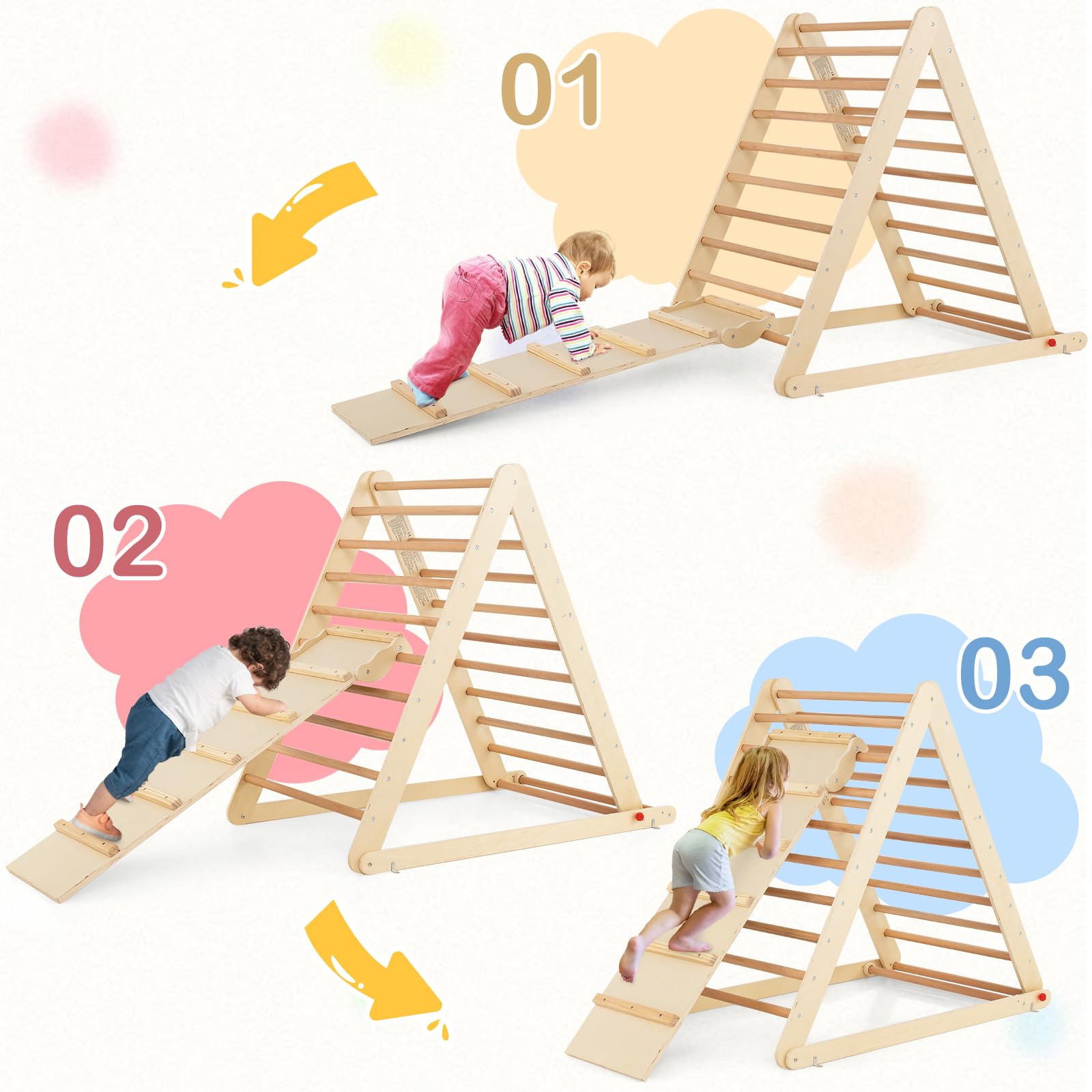 COSTWAY Escalera de Madera Triangular, Escalera Triangular Plegable con Rampa para Escalar y Deslizar, Escalera de Interior con Estructura Triangular para Casa Guardería para Niños y Niñas (Natural)