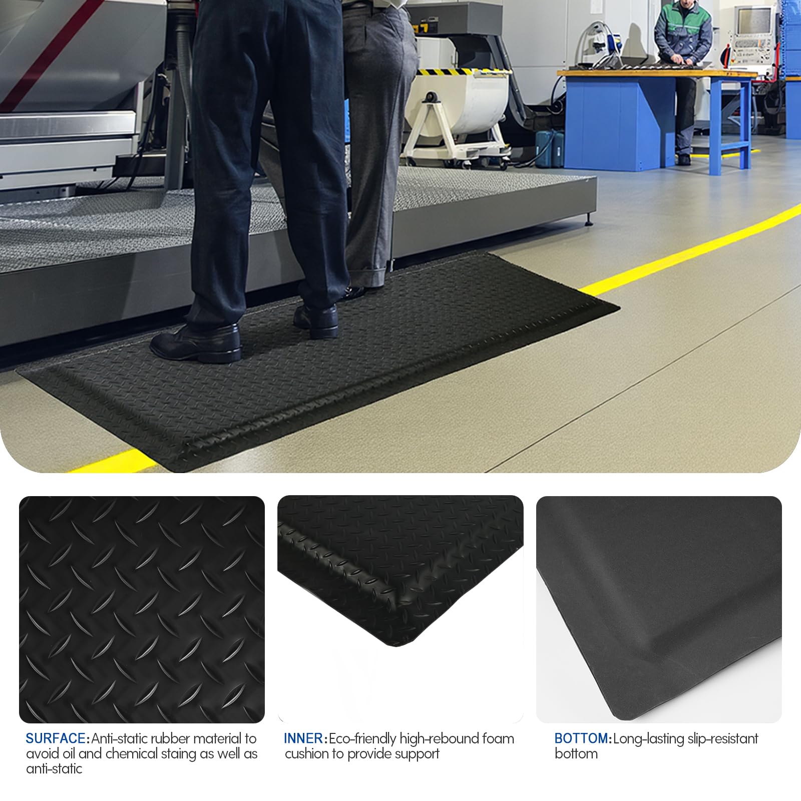 Nisorpa Alfombrilla antifatiga industrial, 60 x 150 cm, patrón de placa de diamante, negro, resistente alfombra de pie