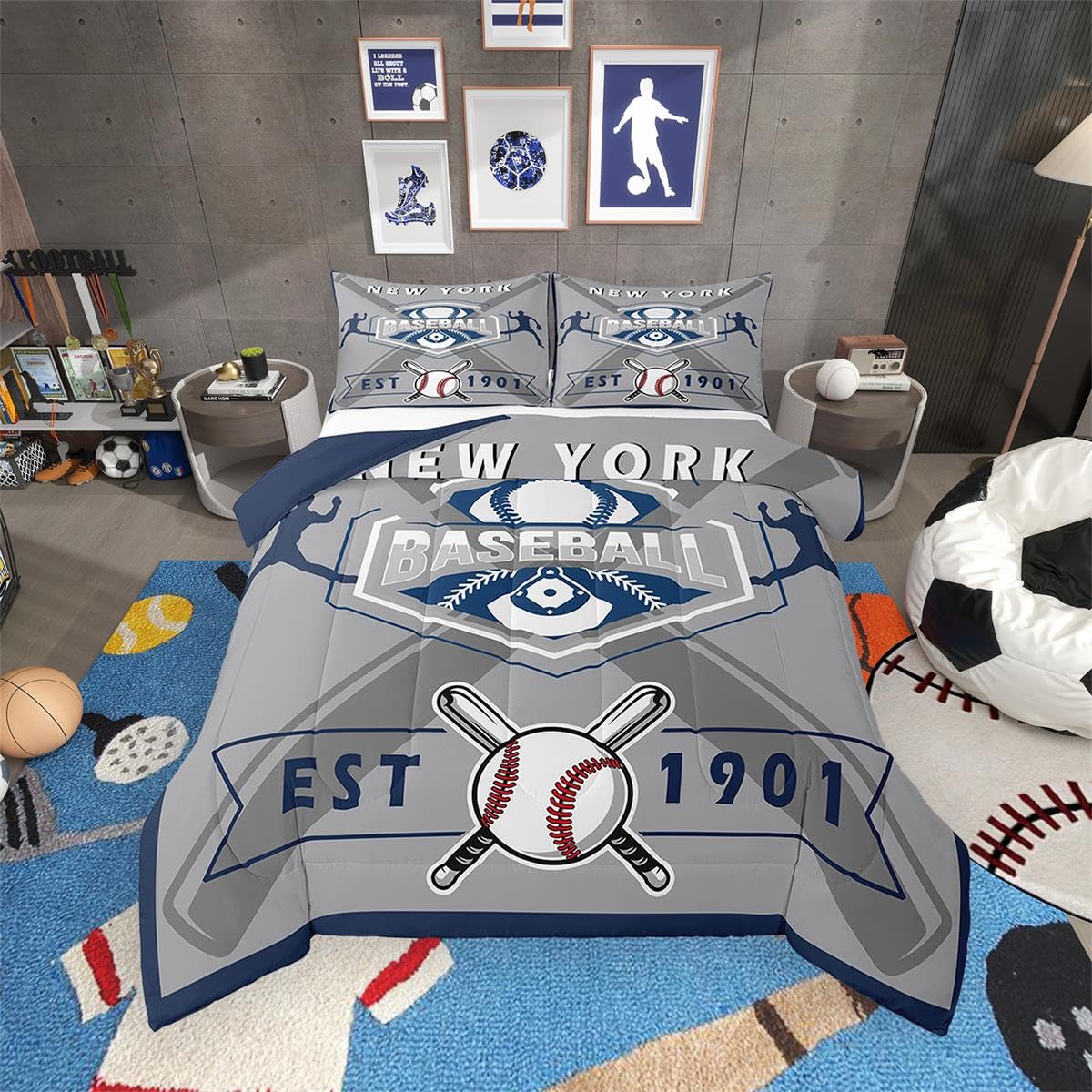 Erosebridal Baseball Full Bedding Set for Kids, Baseball Lovers Comforter Set Sports Game Quilt Comforter Sets with 2 Pillowcases, New York Yankees Theme