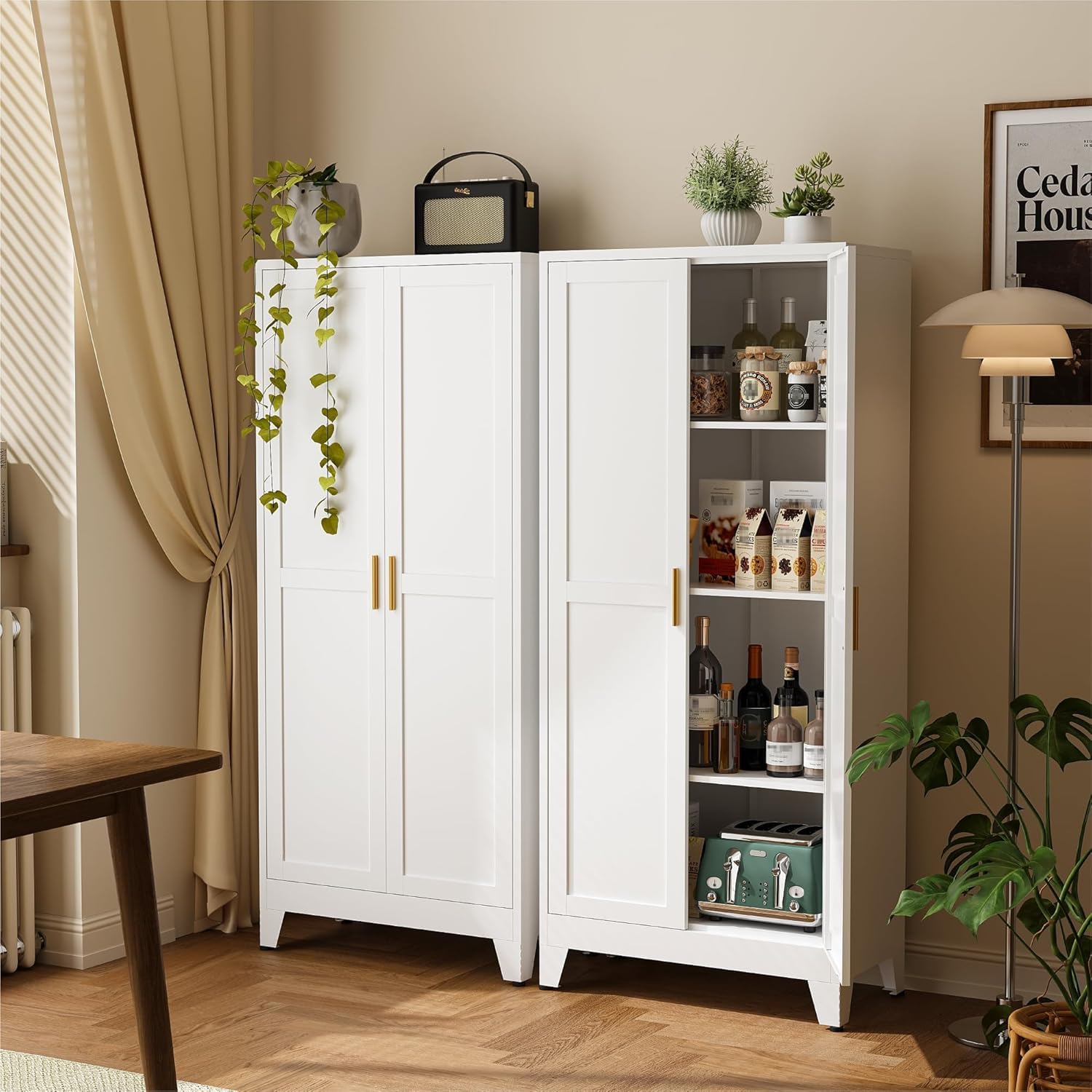 Armario Metalico Alacena, Aparador Comedor de Metal, Armario Cocina Almacenaje con Estantes Regulables, Área culinaria, Salón, 35x70x155cm, Blanco