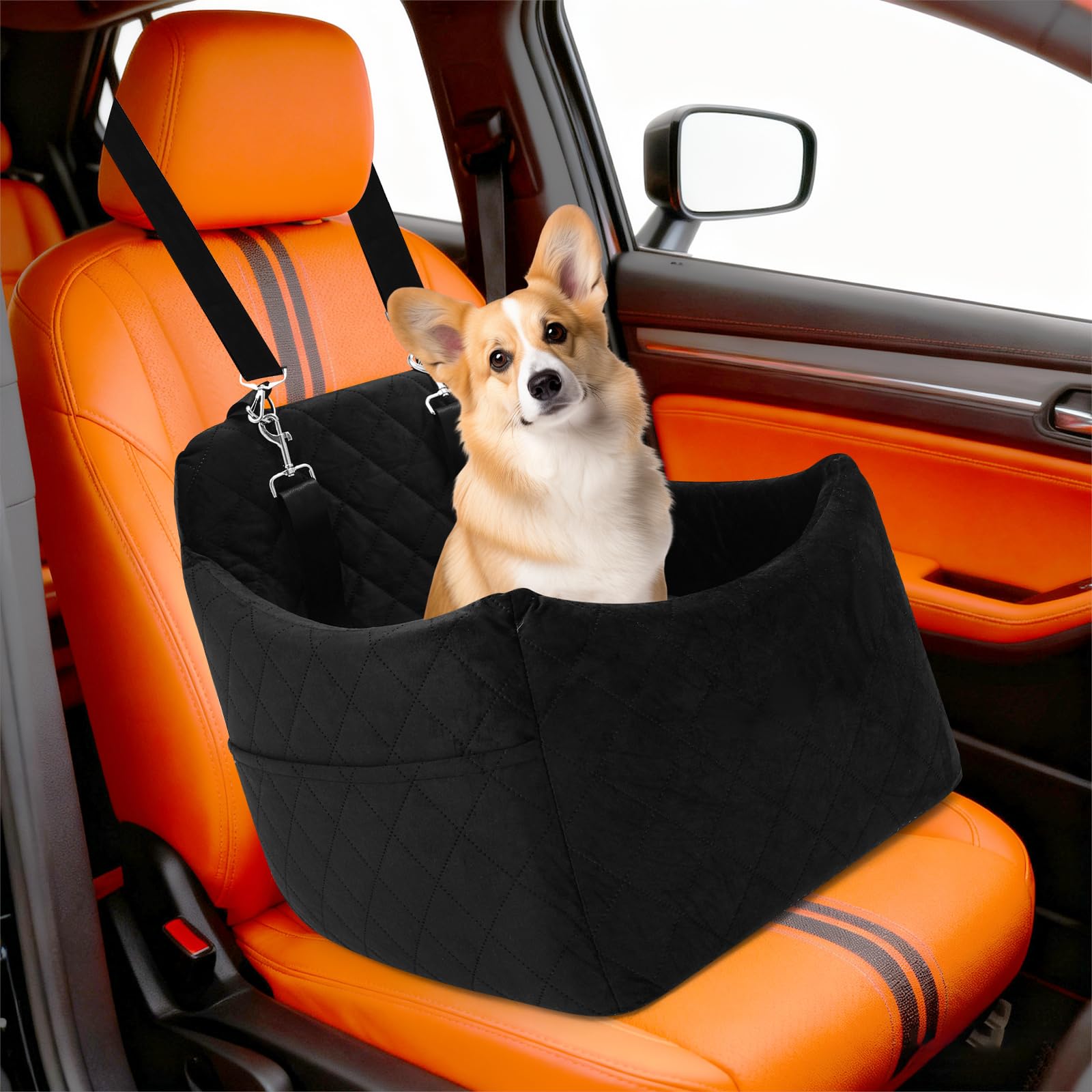 Asiento de coche para perros pequeños/medianos de menos de 15 kg, asiento de coche para mascotas desmontable y lavable, con 3 cinturones de seguridad y almohadilla, cama para perro, color negro