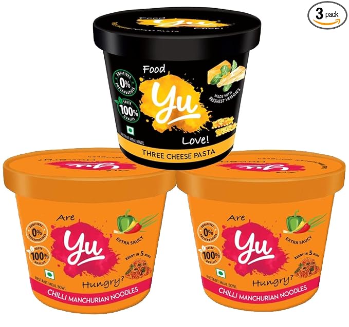 Yu - Cup Noodles & Pasta - 2 Chilli Manchurian Noodles + 1 Three Cheese Pasta - Combo Pack - Instant Food - No Preservatives - 100% Natural & Veg - Ready To Eat Instant Noodles - 205g (Pack of 3)