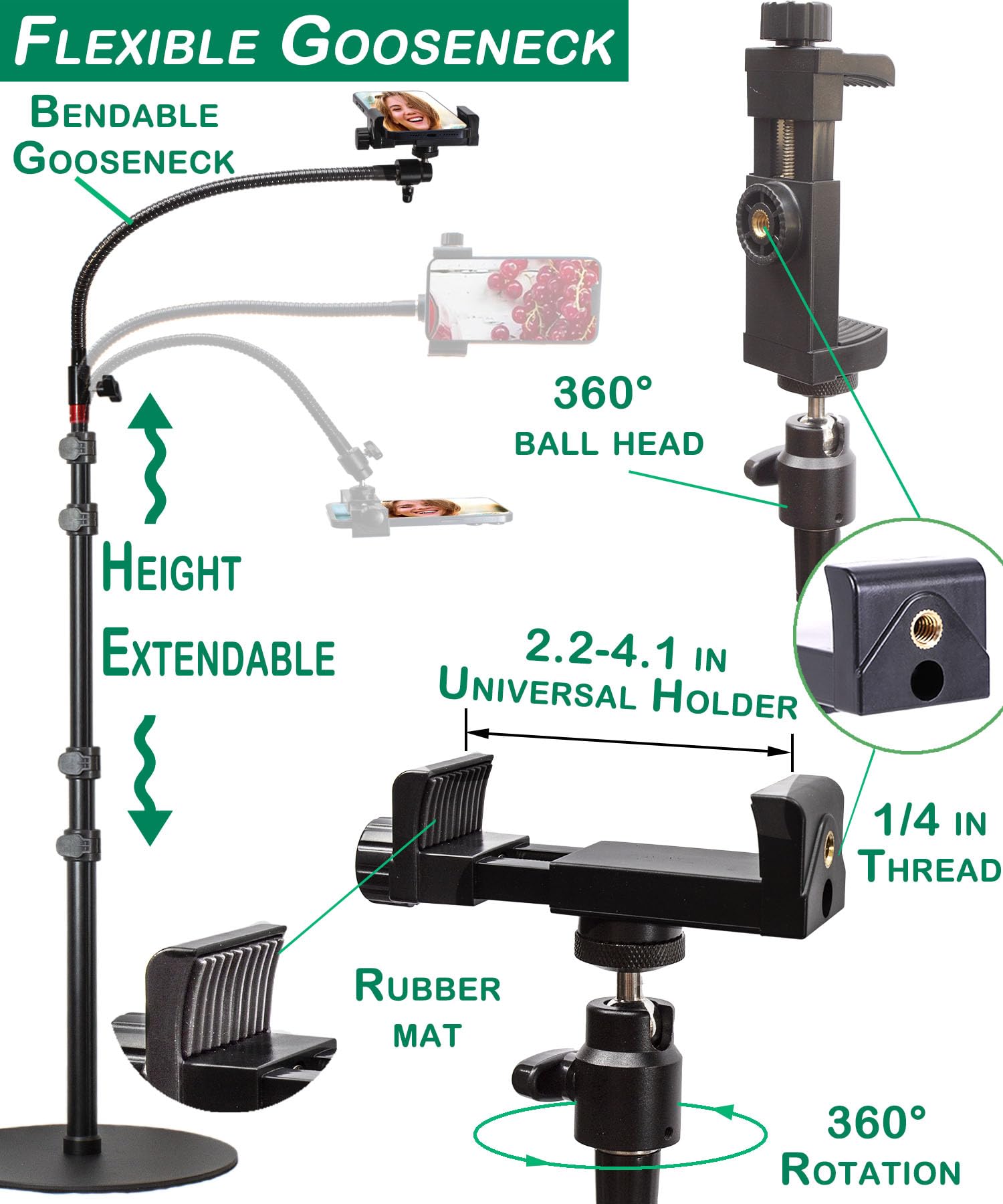 Soporte Superior para teléfono, Cuello de Cisne, Soporte Alto para teléfono Celular con Soporte de Altura Ajustable, Base Pesada, Cabezal de 360, Funciona con iPhone 15, iPhone 15 Pro MAX, iPhone 15
