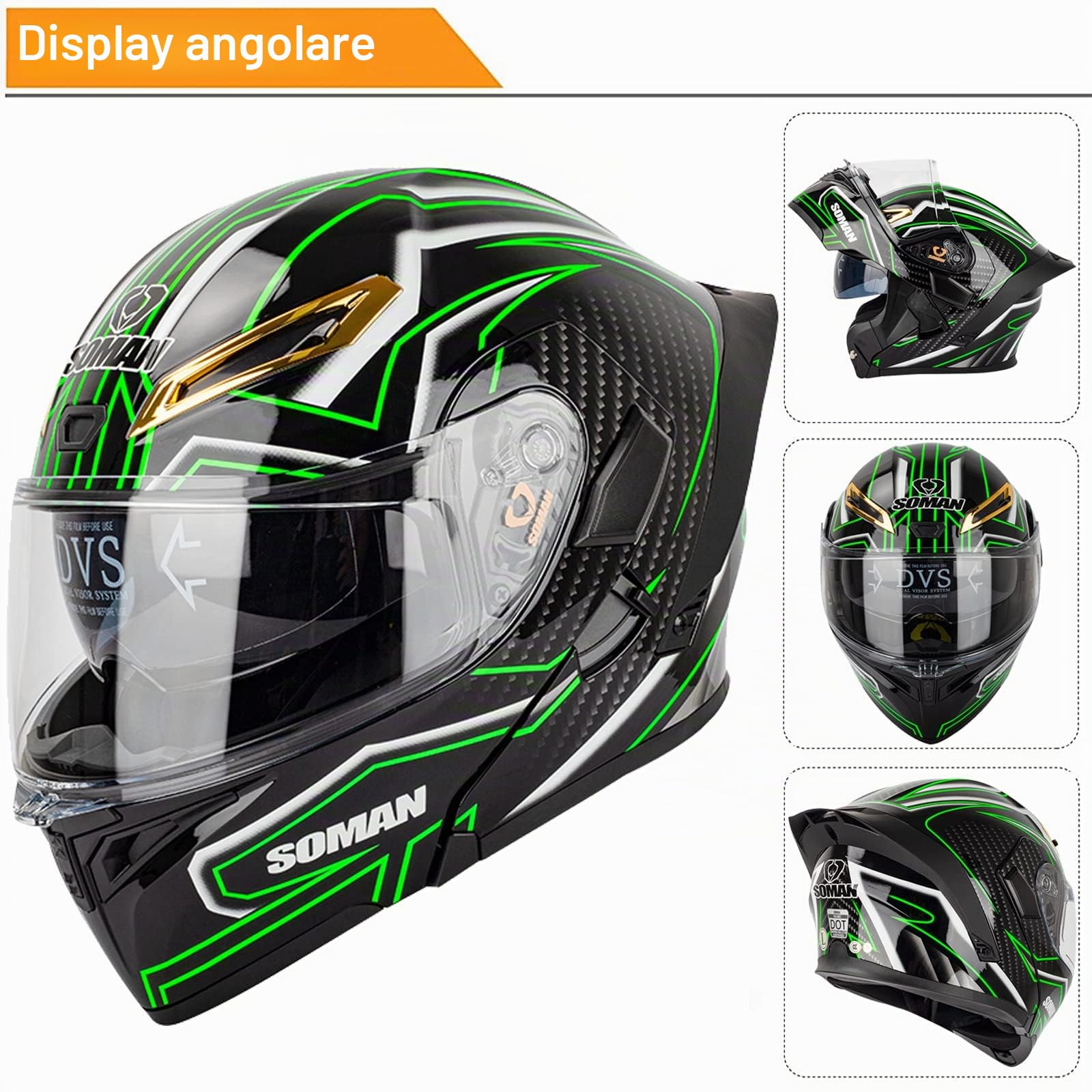 Casco Modulare Moto con Doppia Visiera Casco Moto Integrale Omologato ECE con Visiera Doppia Antigraffio Caschi Moto Modulari Uomo e Donna, Nero Verde-M