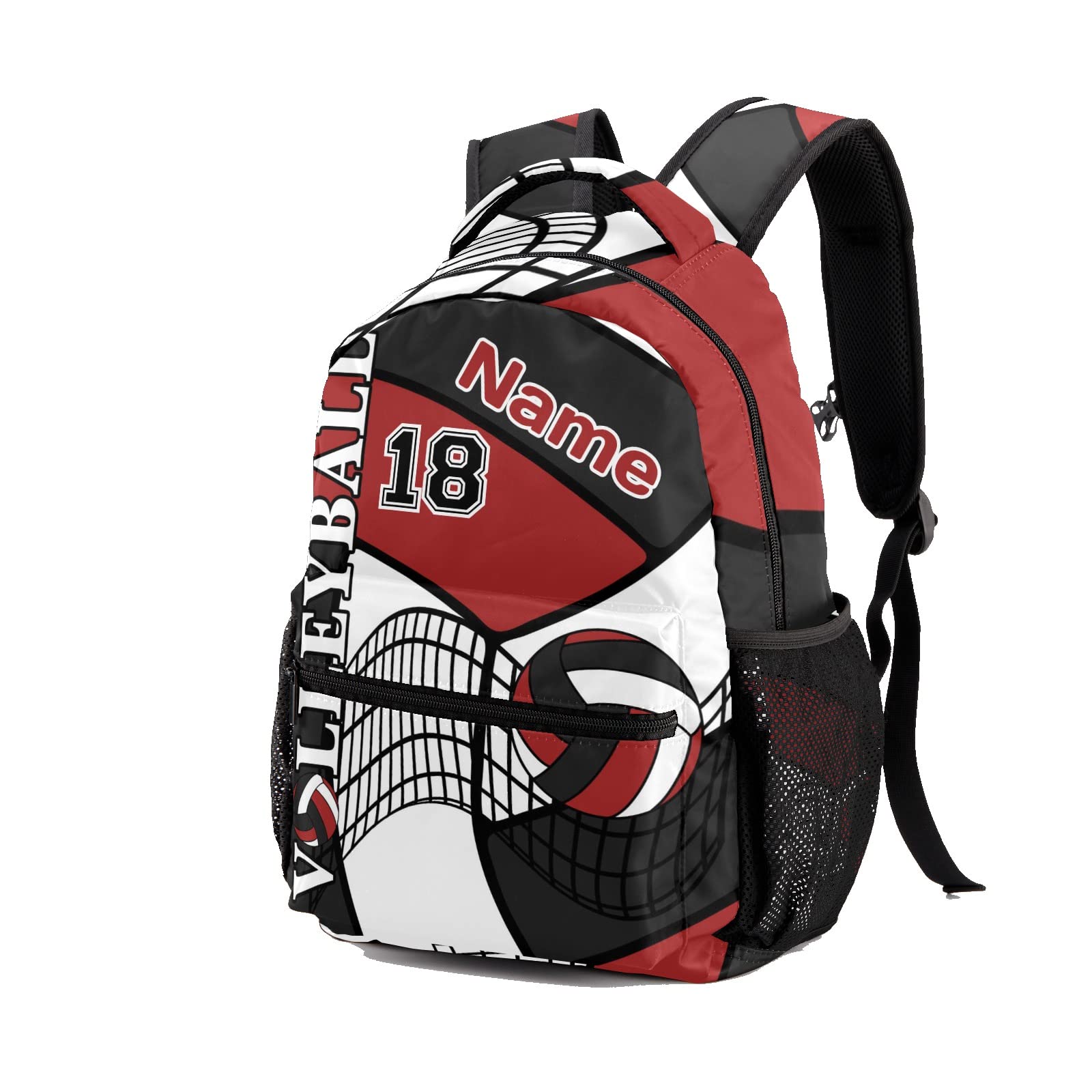 Zaaprint Customized Volleyball Red White Black Waterproof School Backpack with Name for Hiking Camping Picnic