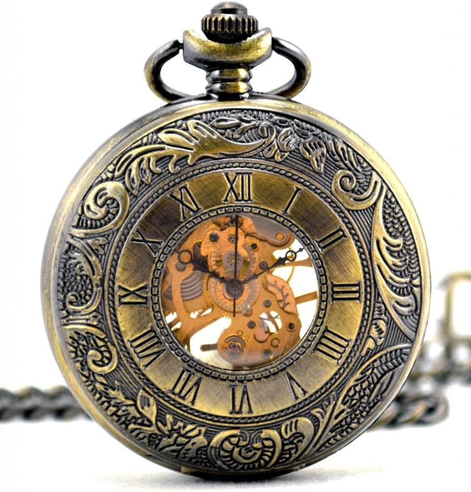 Dual Time Display Hollow Skeleton Unisex Pendant Necklace Steel Mechanical Pocket Watch -Bronze