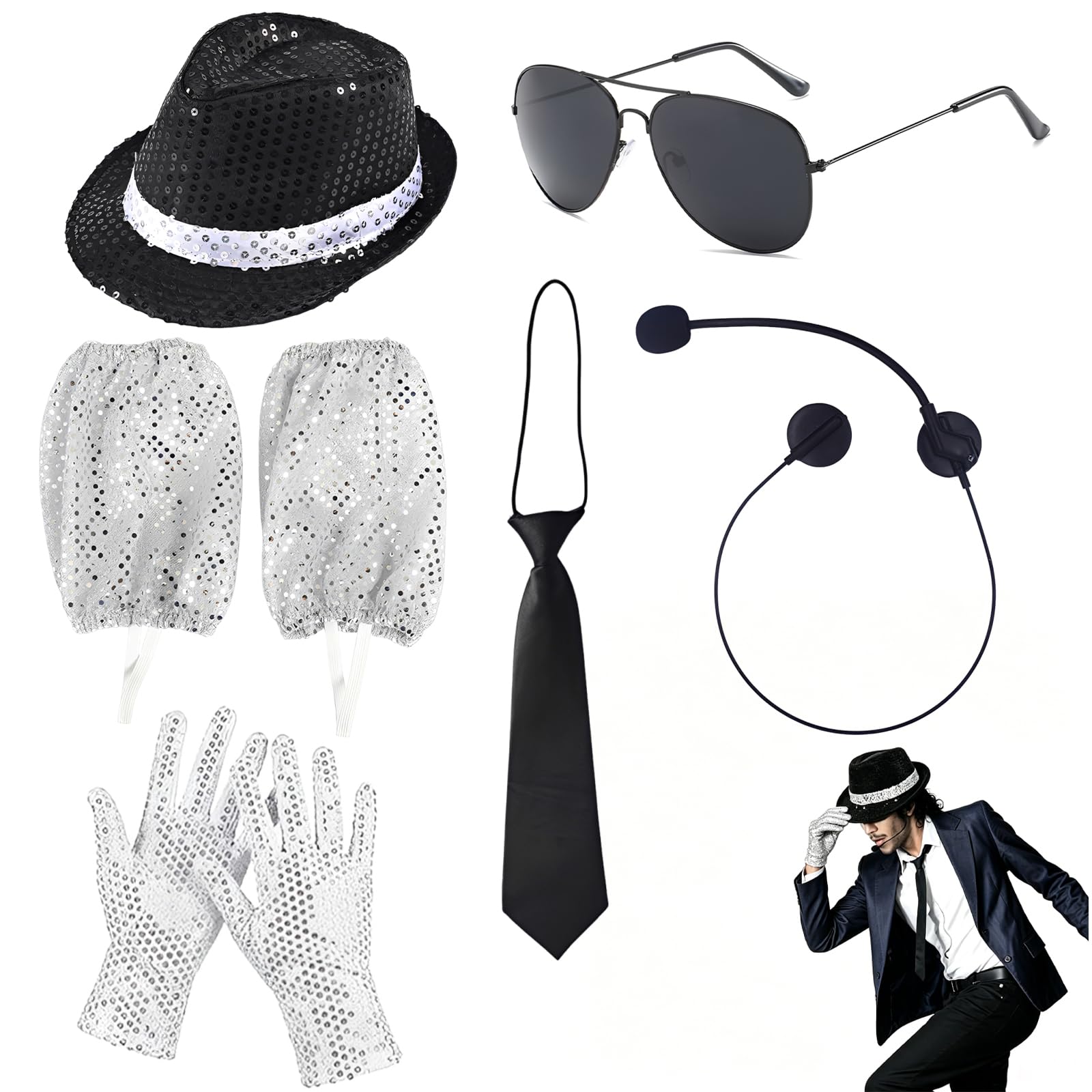 KFSCIP 8 Pcs Michael Jackson Costume, Michael Jackson Outfit with Glove and Accessories, Michael Jackson T Shirt and Jacket Set, Adult Michael Jackson Merchandise, 8-Piece Performance Attire ﻿