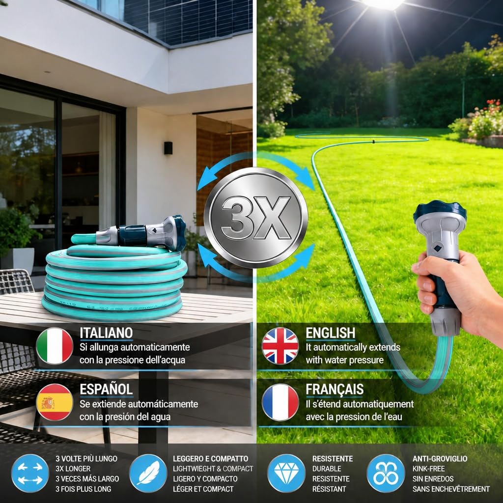 Idroeasy, manguera de jardín extensible de 30 metros con cabezal de ducha de 6 funciones y accesorios, manguera de jardín antitorsión y antinudos de 1/2", extensible hasta 3 veces, Made In Italy