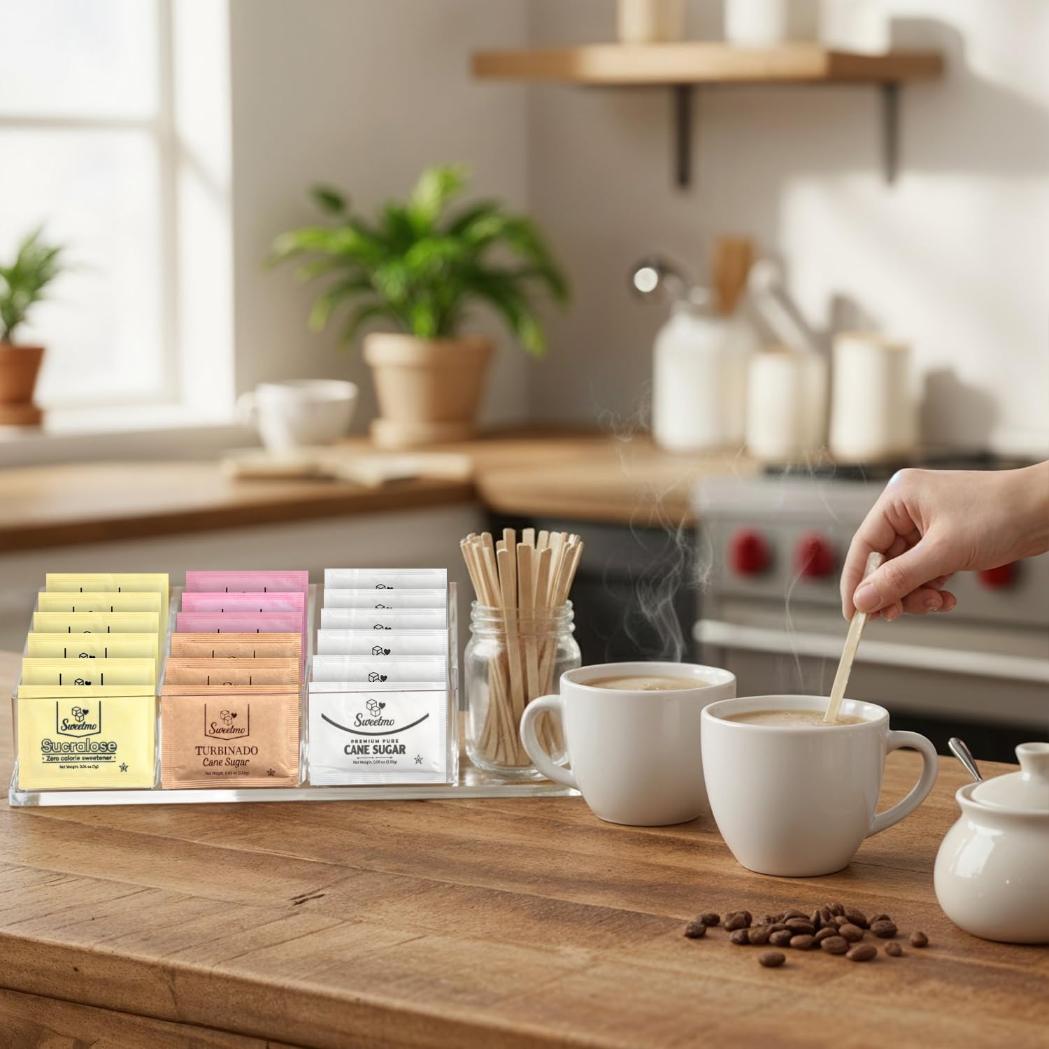 Sweetmo Sugar Packets Variety Pack - Sucralose, Raw Sugar, Saccharin, Cane Sugar with Wooden Stirrers - 300 Count for Coffee, Tea, Office Breakrooms, Home & Airbnb
