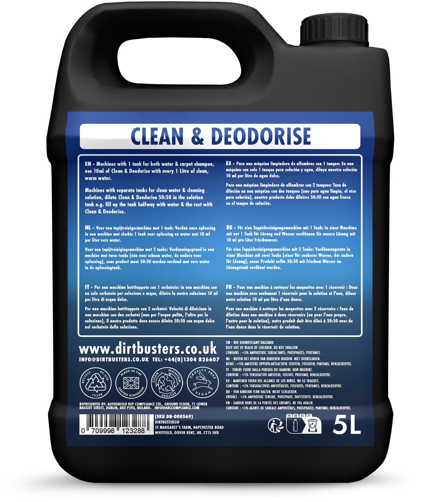 Dirtbusters Nettoyant Désodorisant Professionnel Concentré 3 en 1 pour Tapis Tissus - Neutraliseur d’Odeur, Parfum Baies Rouges, Shampooing Idéal des Moquette Machines Lavant par Extraction, 5L