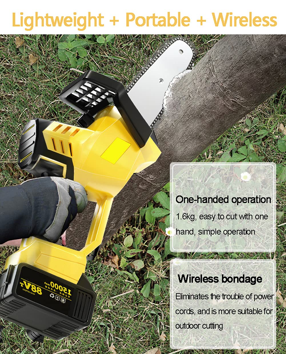 APOE Mini Motosierra Inalámbrica Portátil con Cargador y Baterías, Tijeras de Podar Sierra de Cadena Eléctrica de 10 Pulgadas y 21V, Motosierras de Poda para Tala de árboles y Poda