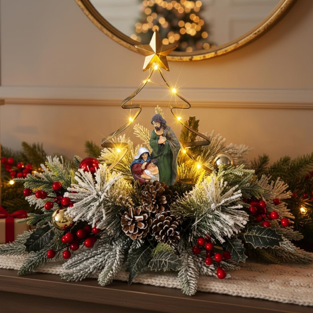 Eksen Nativity LED Tabletop Christmas Tree Centerpiece, Holy Family Scene with Warm Lights, Snowy Pine & Red Berry Accents for Home Mantel Dining Table (White)