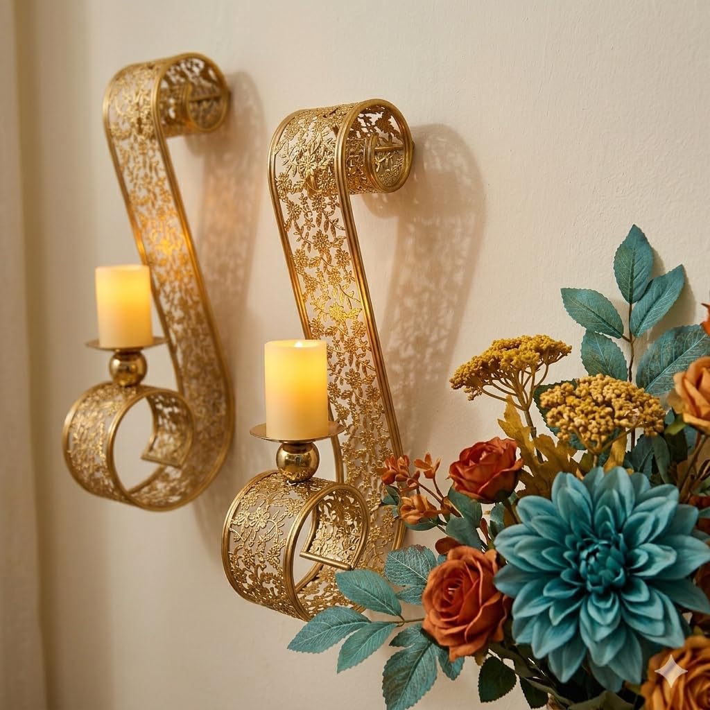 Souq DESIGNS Wall Candle Holder Gold Set of 2 – Gold Candle Holder Sconce | Pillar Candle Holder Wall Mounted | Ramadan Candle Holder | Vintage Candle Holder Arabic | Morracan style Iron 46cm 2 Pcs