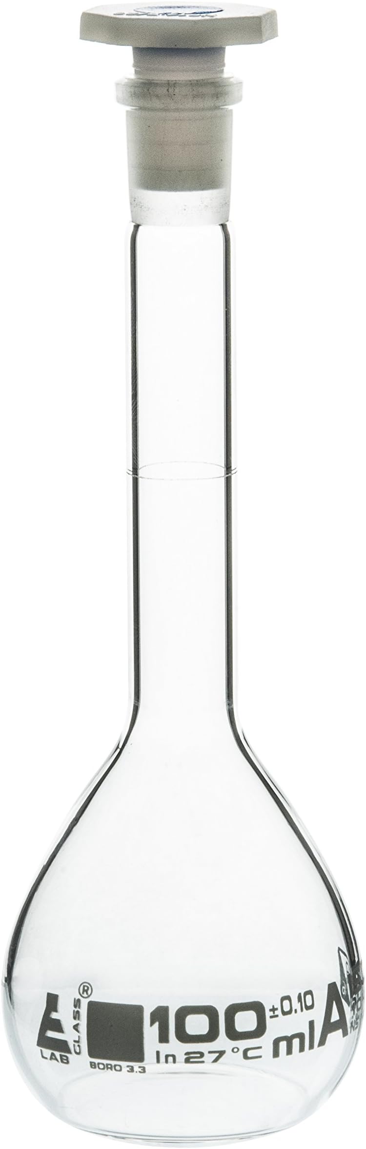 EISCO - Volumetric Flask, NABL Certified, with Polypropylene Stopper, Made of Borosilicate Glass 3.3, Class-A, 100 ml with Calibration Certificate