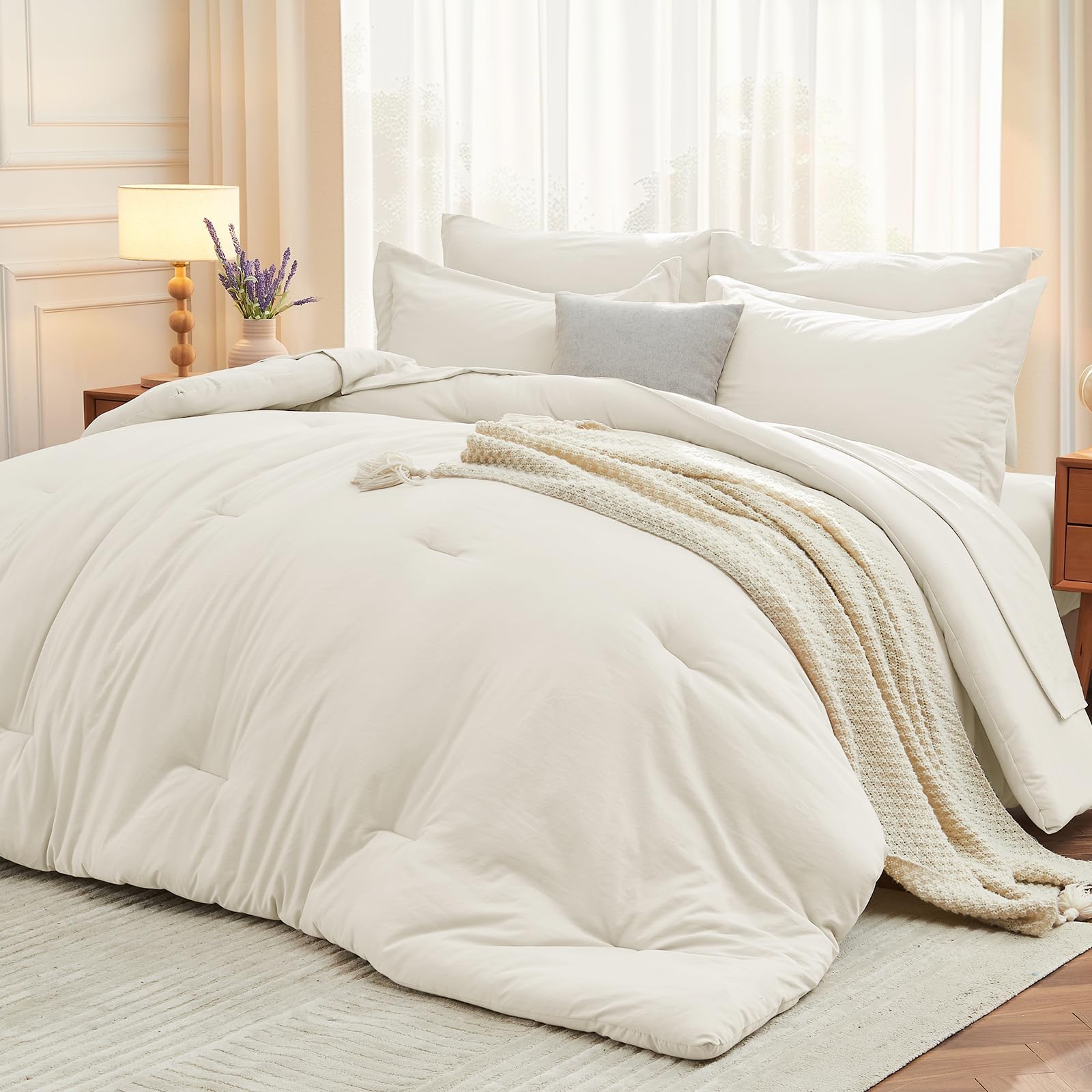 7 Pieces Queen Comforter Set, Ivory Comforter - Soft Bed in a Bag Queen Size, All Season Bedding Set with Comforter, Flat Sheet, Fitted Sheet, Pillowcases & Shams