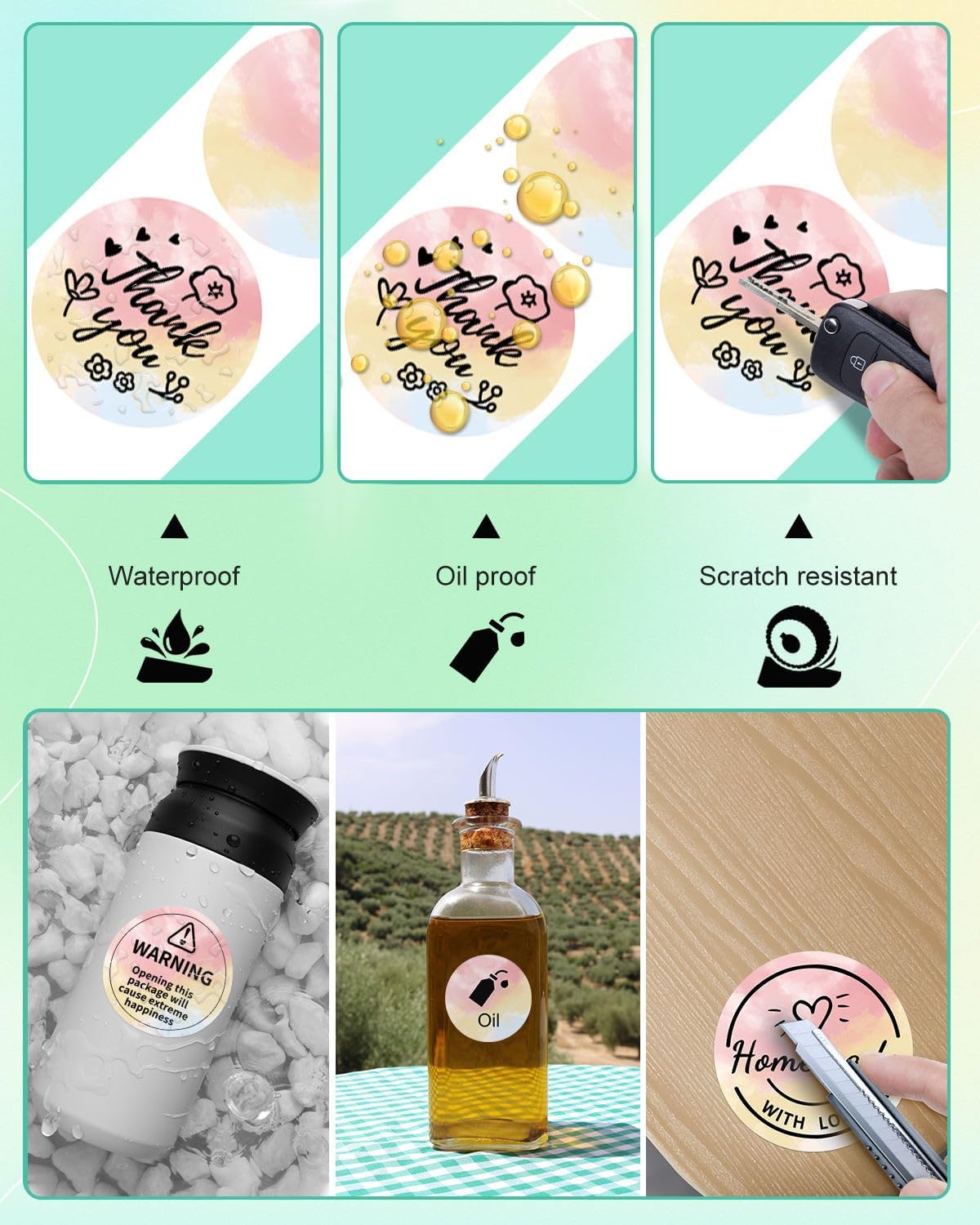 Labels demonstrating waterproof, oil-proof, and scratch-resistant properties in various applications.