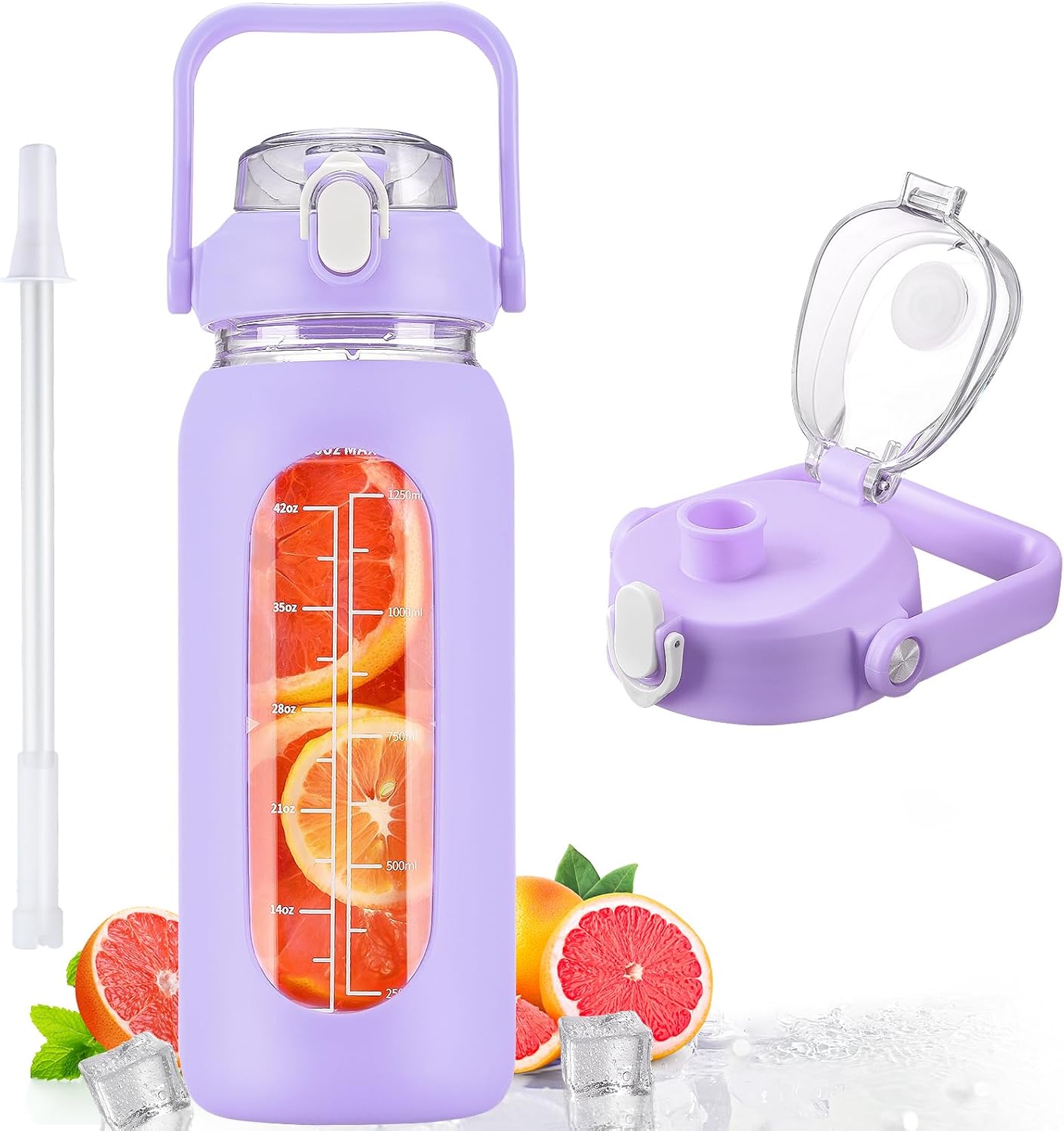 kytffu 56oz Glass Water Bottles with Straw, Motivational Glass Bottle with Silicone Sleeve and Time Marker, Leakproof Large Glass Water Jug for Gym Home Office,Purple Purple 56oz