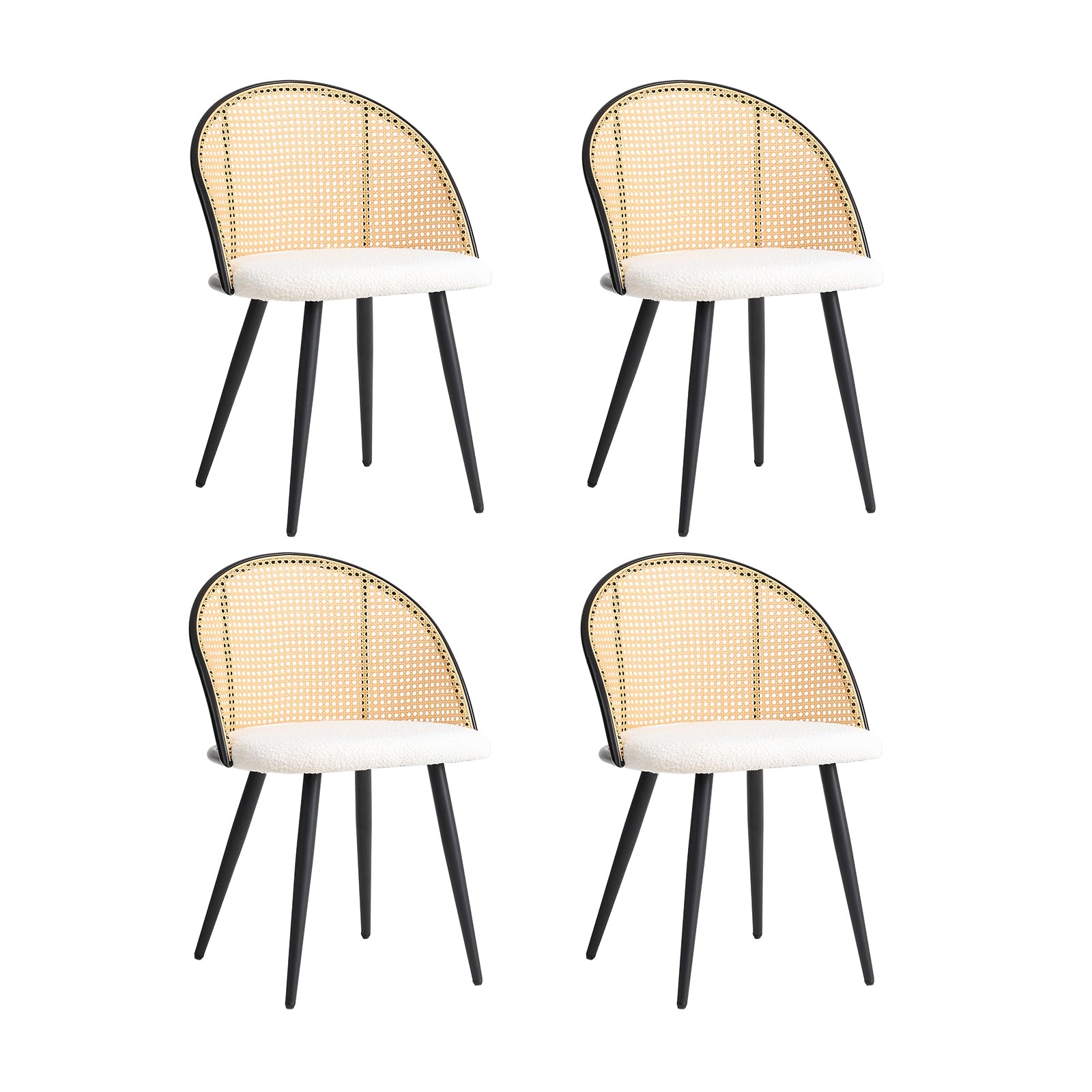 Set di 4 Sedie da Pranzo, Schienale in Rattan Intrecciato, Seduta in Peluche Granuloso, Struttura in Metallo Nero, Possono Essere Utilizzate come Sedie da Cucina, Sedie da Soggiorno - 3#