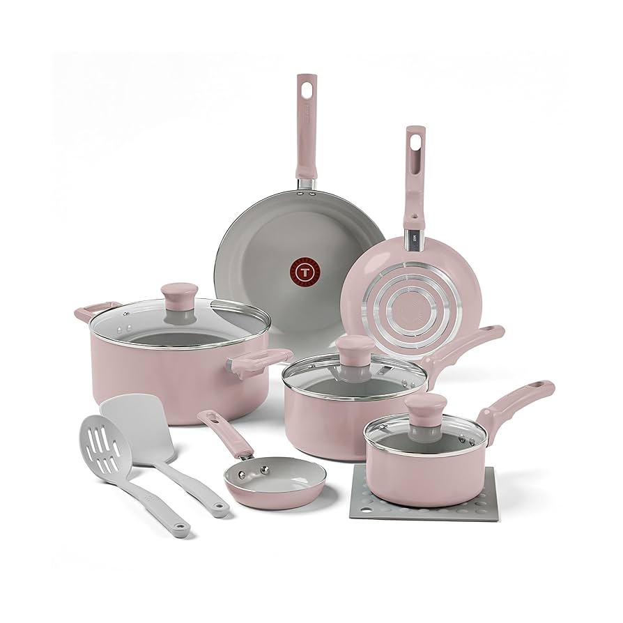 T-Fal Refresh Ceramic Nonstick Cookware Set, 12-Piece, Made without PFOA and PTFE, Oven and Broiler Safe up to 350°F, Includes Stockpot, Griddle, Frying Pans, and Utensils, Pots and Pans, Dusty Rose